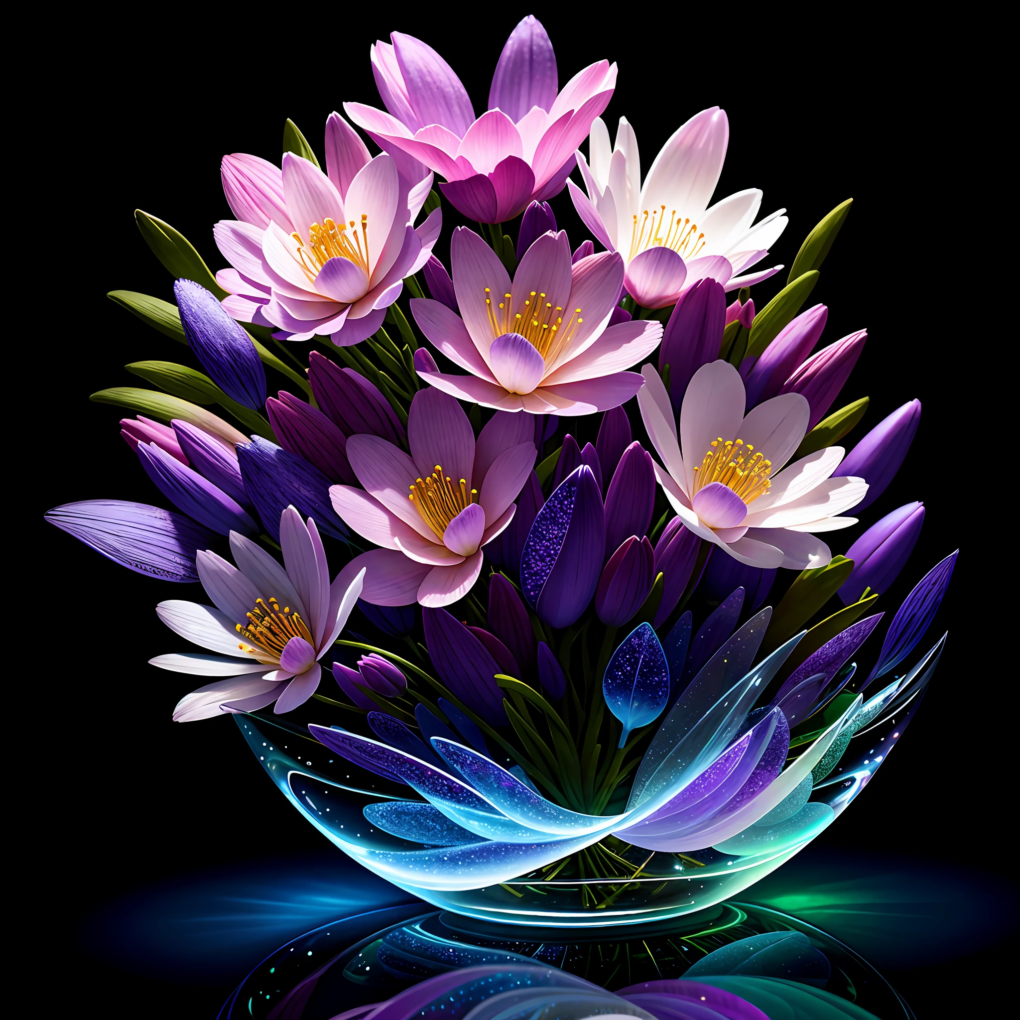 A bouquet of delicate flowers purple, ultra-transparent, holy light, beautiful spectral light, petals glowing, shimmering, dark background, dripping transparent, reflected light, bright, light inflow, optical,, sharp focus, magic, intricate, surreal, fantasy, composition, light, art station trend, pearl, silver vapor patron cloud, corrosive surround ray family, 8K, Magic Air 23v4 on the light