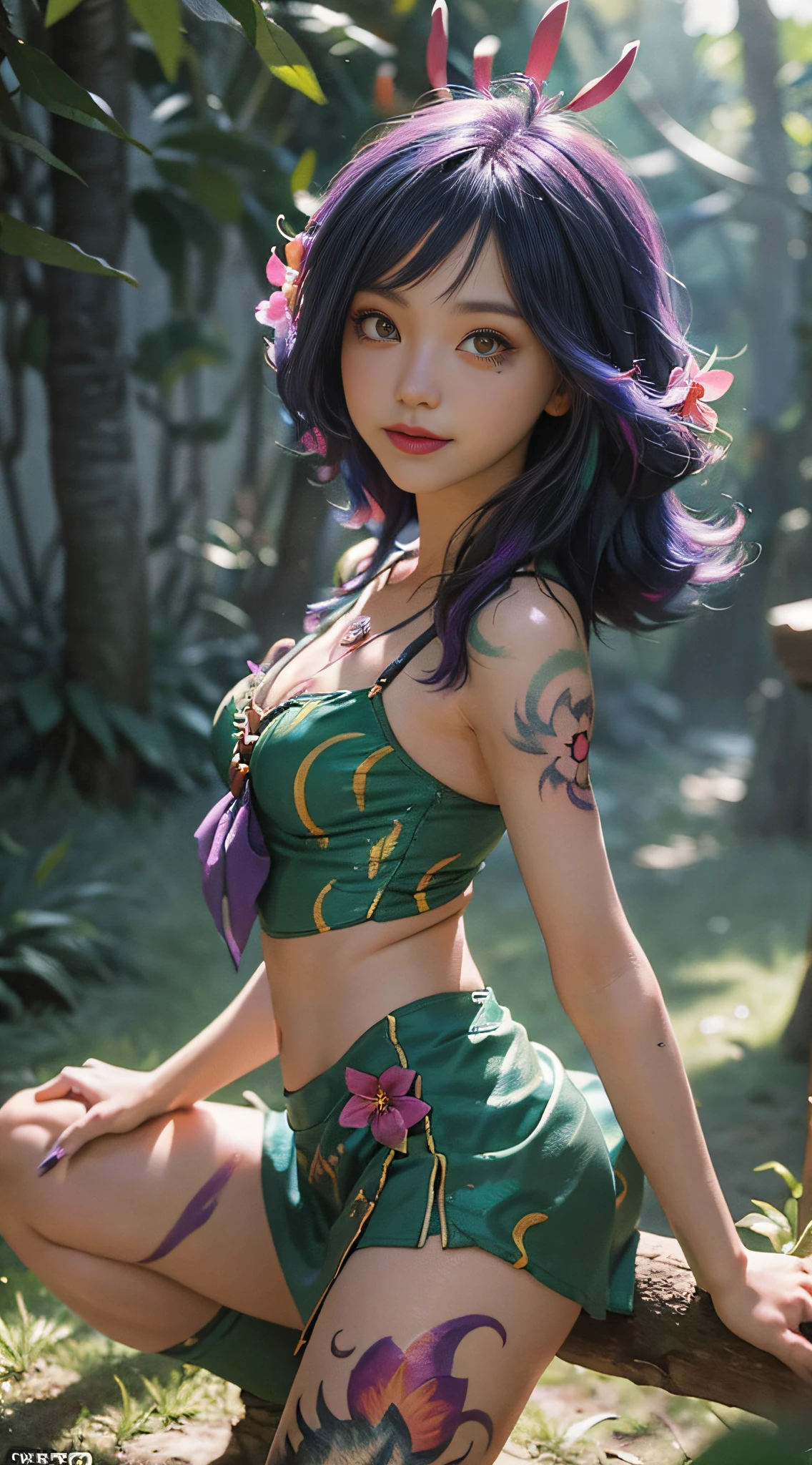 face focus, close up,best illustration, illustration, bright colors, masterpiece, best quality, ridiculous, night, jungle, blurred background, 1 girl, beautiful face, blue and purple hair, detailed eyes, looking at the viewer, opposite, sexy, crawling on grass, front, full body, neeko, face markers, hair accessories, flower hair, necklace, (lizard tail), multicolored skin, body painting, short skirt, opal color, smile, side lighting, movie lighting, nvidia rendering