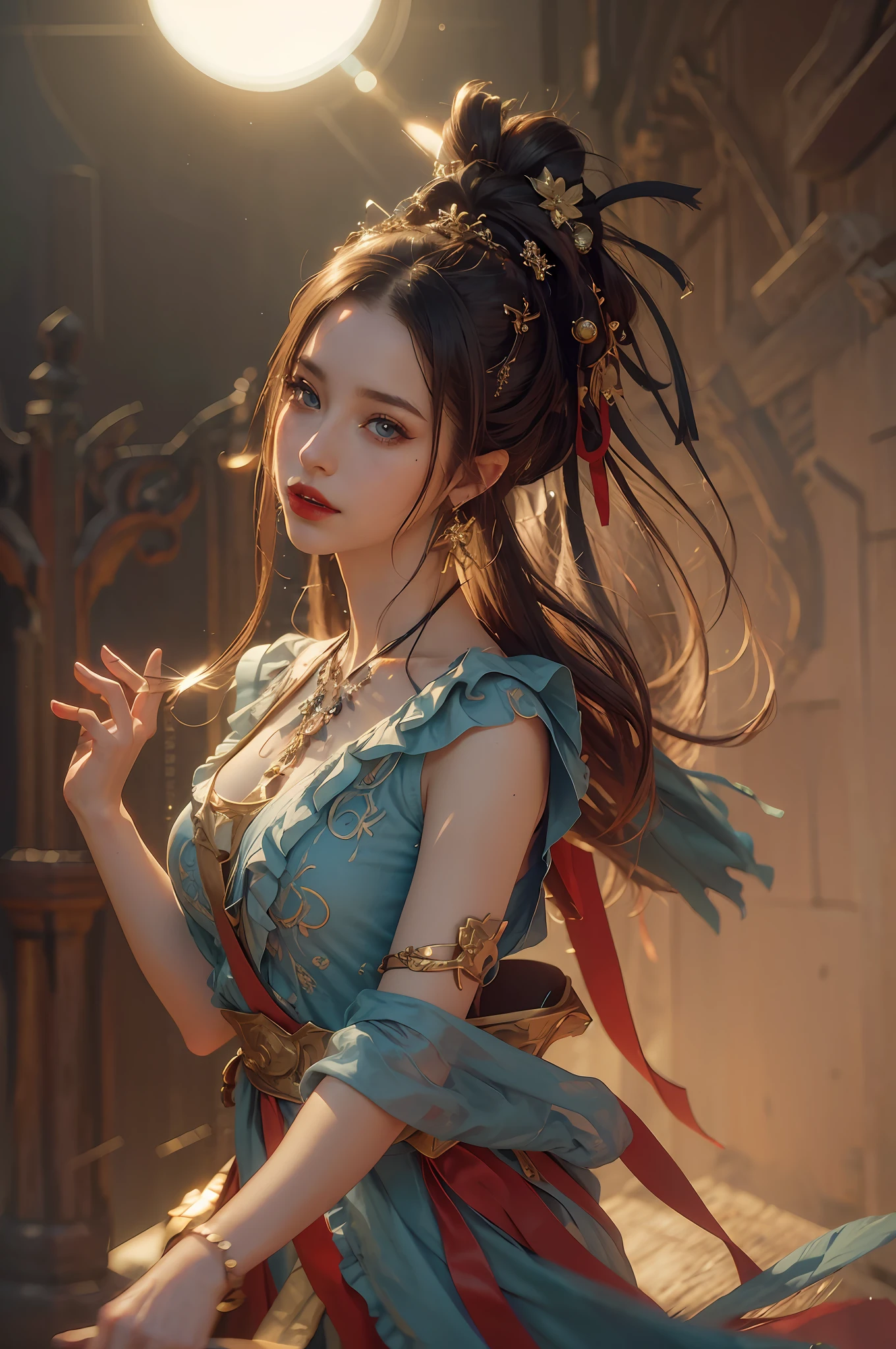 (8k, RAW photo, best quality, masterpiece), super high resolution, (realistic, photo realistic), 1girl, emotionless, single, brunette girl, blue eyes, professional lighting, backlight, depth of field, natural light, hard focus, two meter shooting range, professional shooting, eye detail, realistic eyes, detail shadows, game cg, cosplay, Gaia \ (ff14\), frilled black dress, no shoulder straps, upper body, black clothes, dark red lipstick, outdoor, old town, wooden and stone construction,