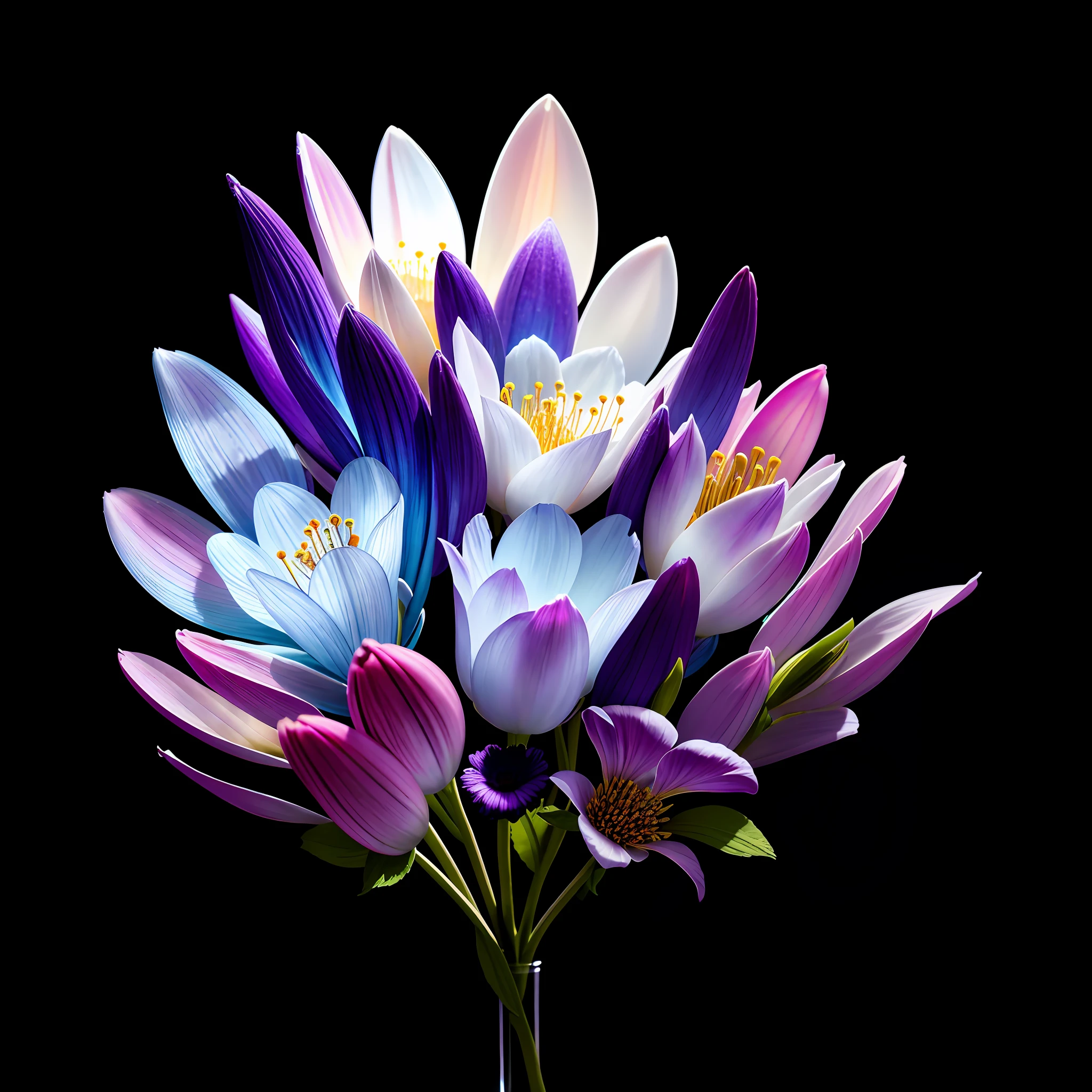 A bouquet of delicate flowers purple, ultra-transparent, holy light, beautiful spectral light, petals glowing, shimmering, dark background, dripping transparent, reflected light, bright, light inflow, optical,, sharp focus, magic, intricate, surreal, fantasy, composition, light, art station trend, pearl, silver vapor patron cloud, corrosive surround ray family, 8K, Magic Air 23v4 on the light