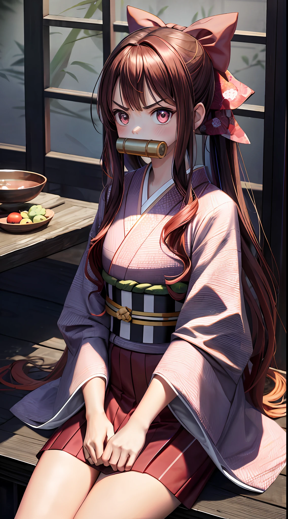 Masterpiece, Best Quality, High Resolution, venus1, 1girl, solo, Tsuko Kamato, Bamboo, bit gag, brown hair, checkered belt, gag, gradient hair, hair ribbon, haori, japanese clothes, kimono, long hair, looking at the audience, colorful hair, orange hair, pink eyes, pink kimono, pink ribbon, ribbon, solo, upper body, (((masterpiece)), frontal, sitting, cute, puffed cheeks, angry, wide eyes