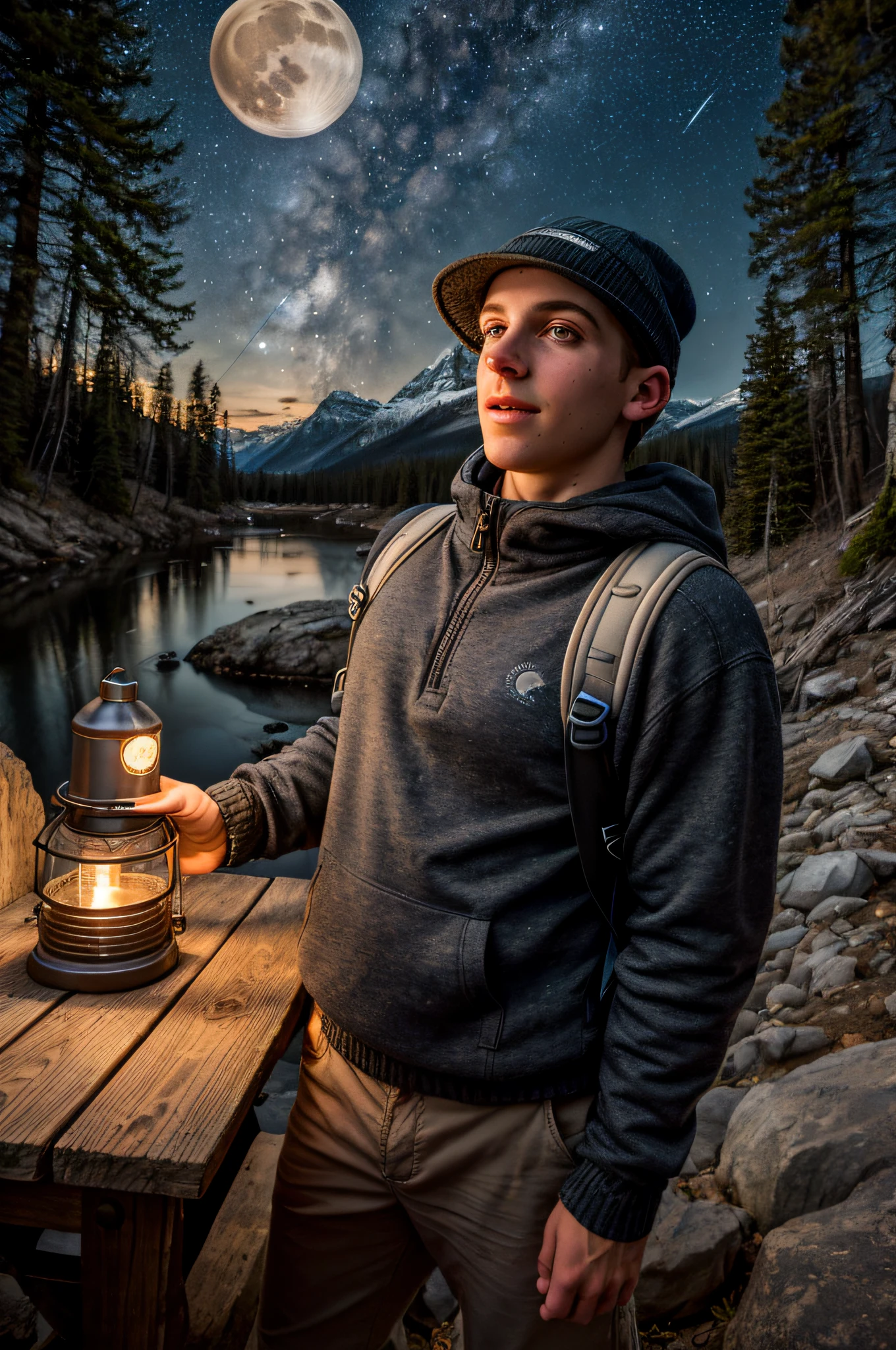 1boy, young man, ((upper body selfie, happy)), masterpiece, best quality, ultra-detailed, solo, outdoor, (night), mountains, nature, (stars, moon) cheerful, happy, backpack, sleeping bag, camping stove, water bottle, mountain boots, gloves, sweater, hat, lantern, forest, rocks, river, wood, smoke, shadows, contrast, clear sky, style, (look at the viewer:  1.2), (skin texture), (film grain: 1.3), (warm tone, warm tone: 1.2), close up, cinematic light, side lighting, ultra high res, best shadow, RAW, upper body, using pullover