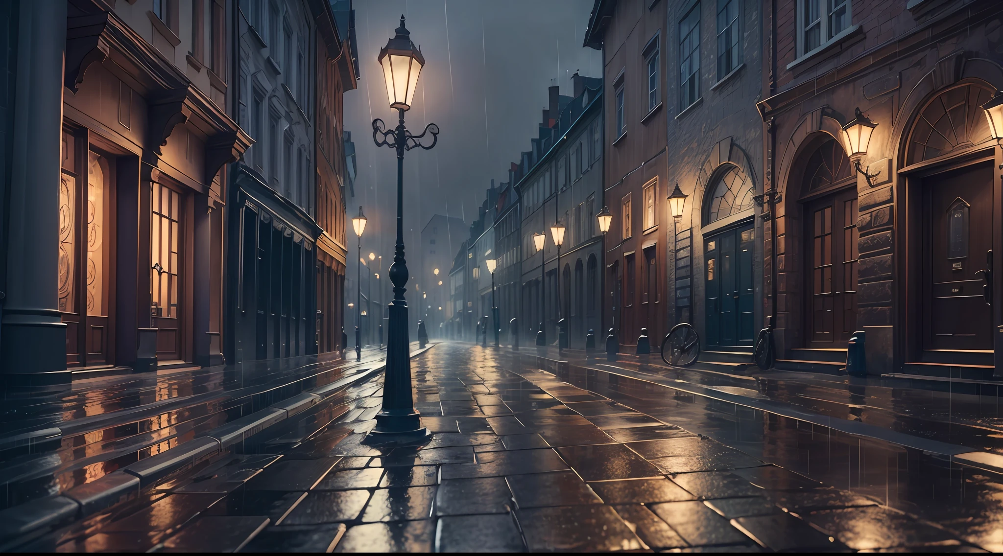View of a typical European street, ((night cityscape)), classic poles, ((night)), ((rain)), wet street, ((old European buildings)), realistic, realistic shadows, realistic lighting, Full HD, 8K, photorealistic