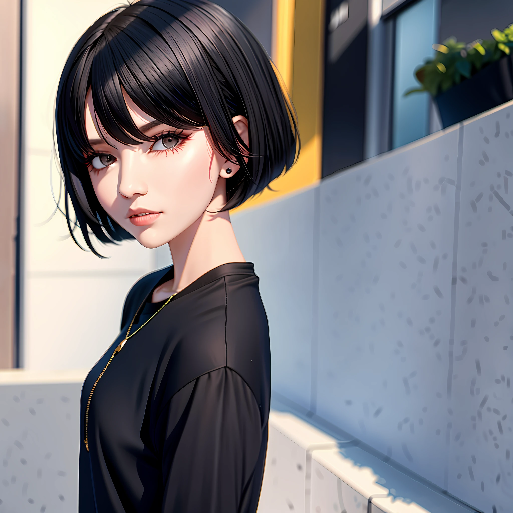 A girl with short black hair, black clothes, subculture dressing style