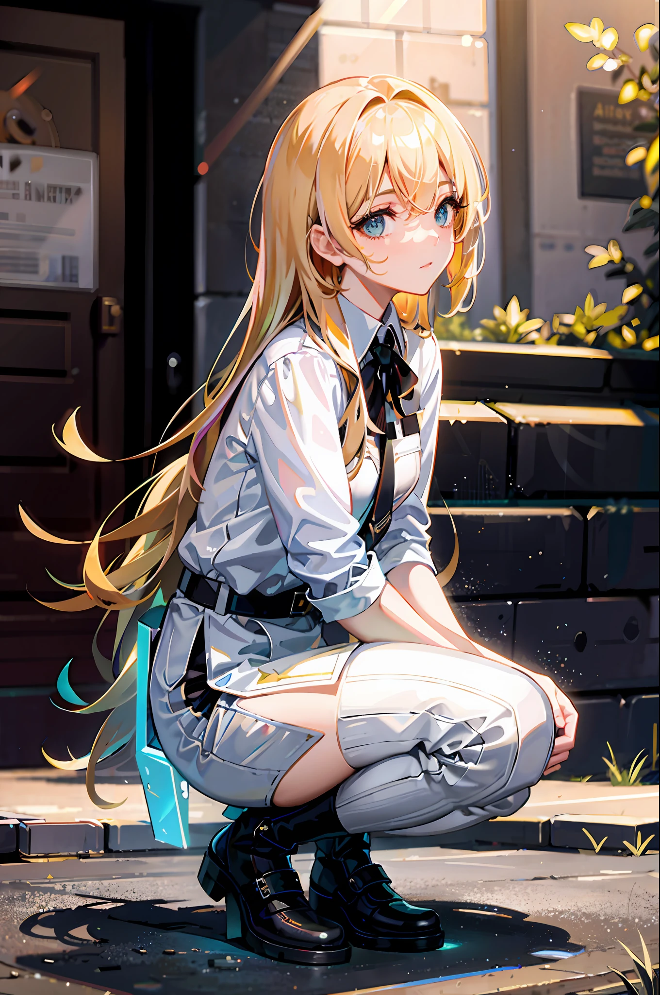 {{masterpiece, best quality, extremely detailed CG, unity 8k wallpaper, cinematic lighting, lens flare}}, a girl squatting on the side of the street and playing with a kitten, full body view, thick body, long blond hair, green eyes,