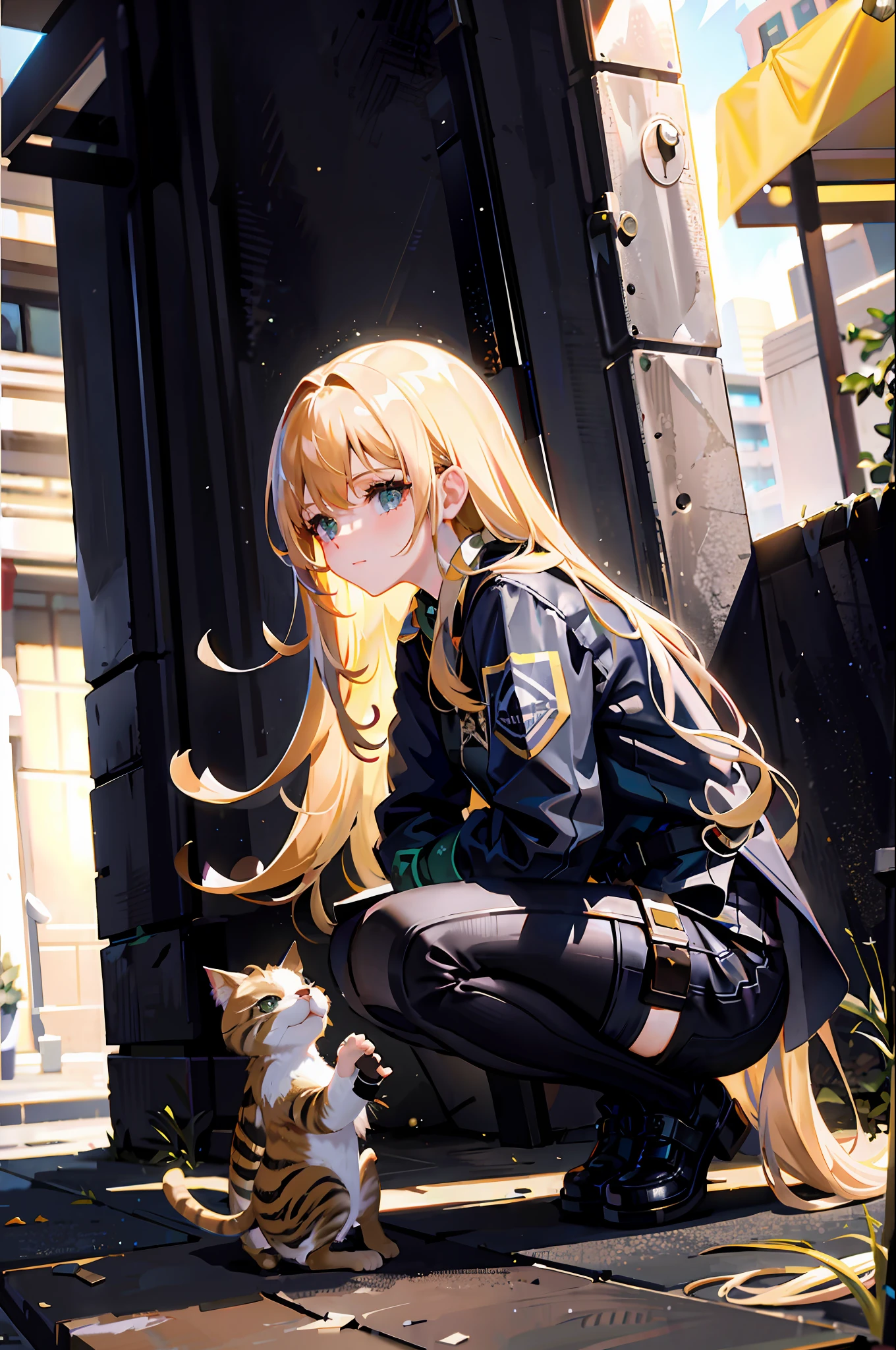 {{masterpiece, best quality, extremely detailed CG, unity 8k wallpaper, cinematic lighting, lens flare}}, a girl squatting on the side of the street and playing with a kitten, full body view, thick body, long blond hair, green eyes,