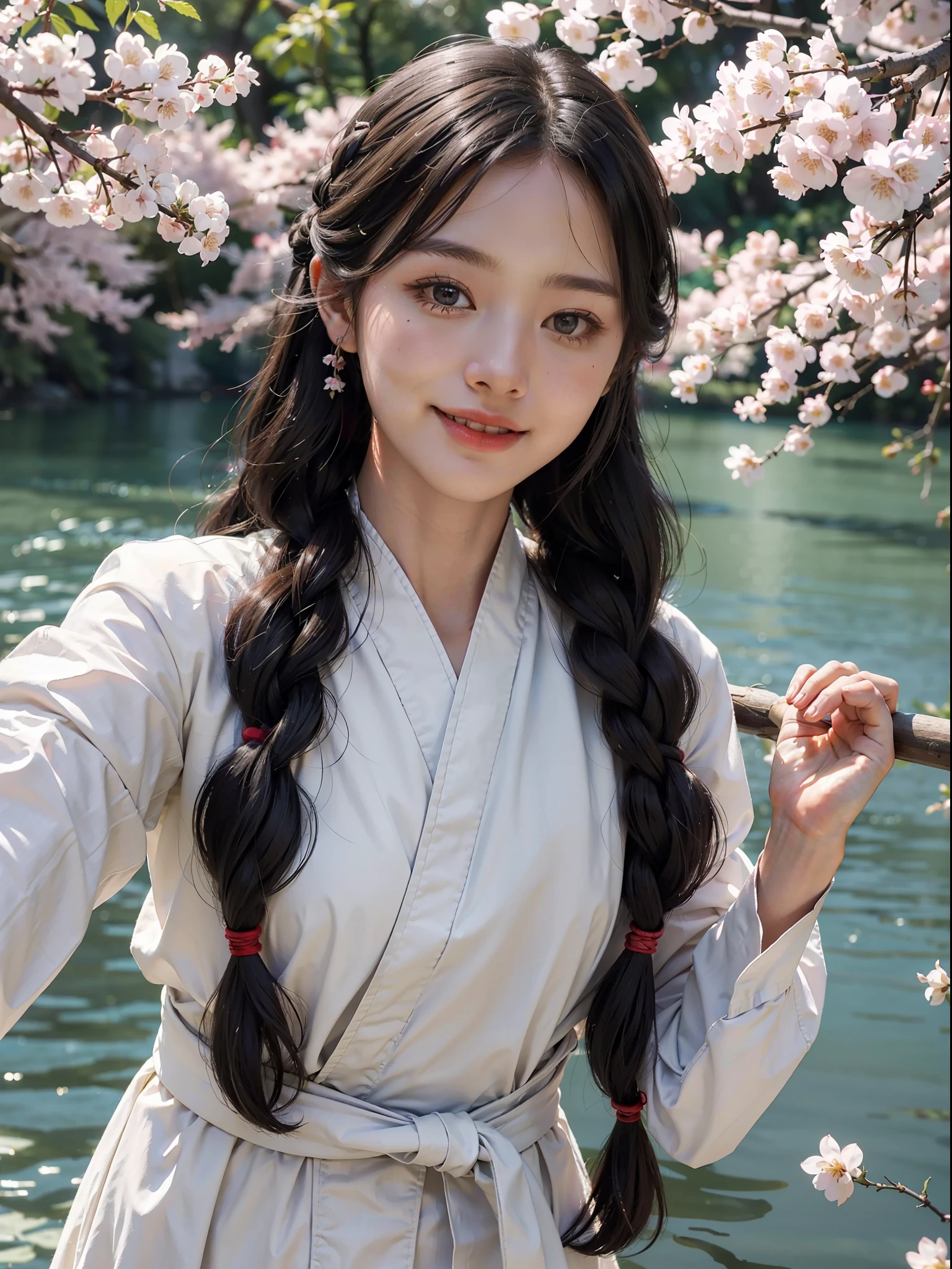 best quality,(RAW photo:1.2),(masterpiece:1.4),(photorealistic:1.4),(highres:1.4), 1girl, smiling, long hair, braid, depth of field, cherry blossoms, lake, beautiful detailed water, black hair, hanfu,8k, extremely detailed