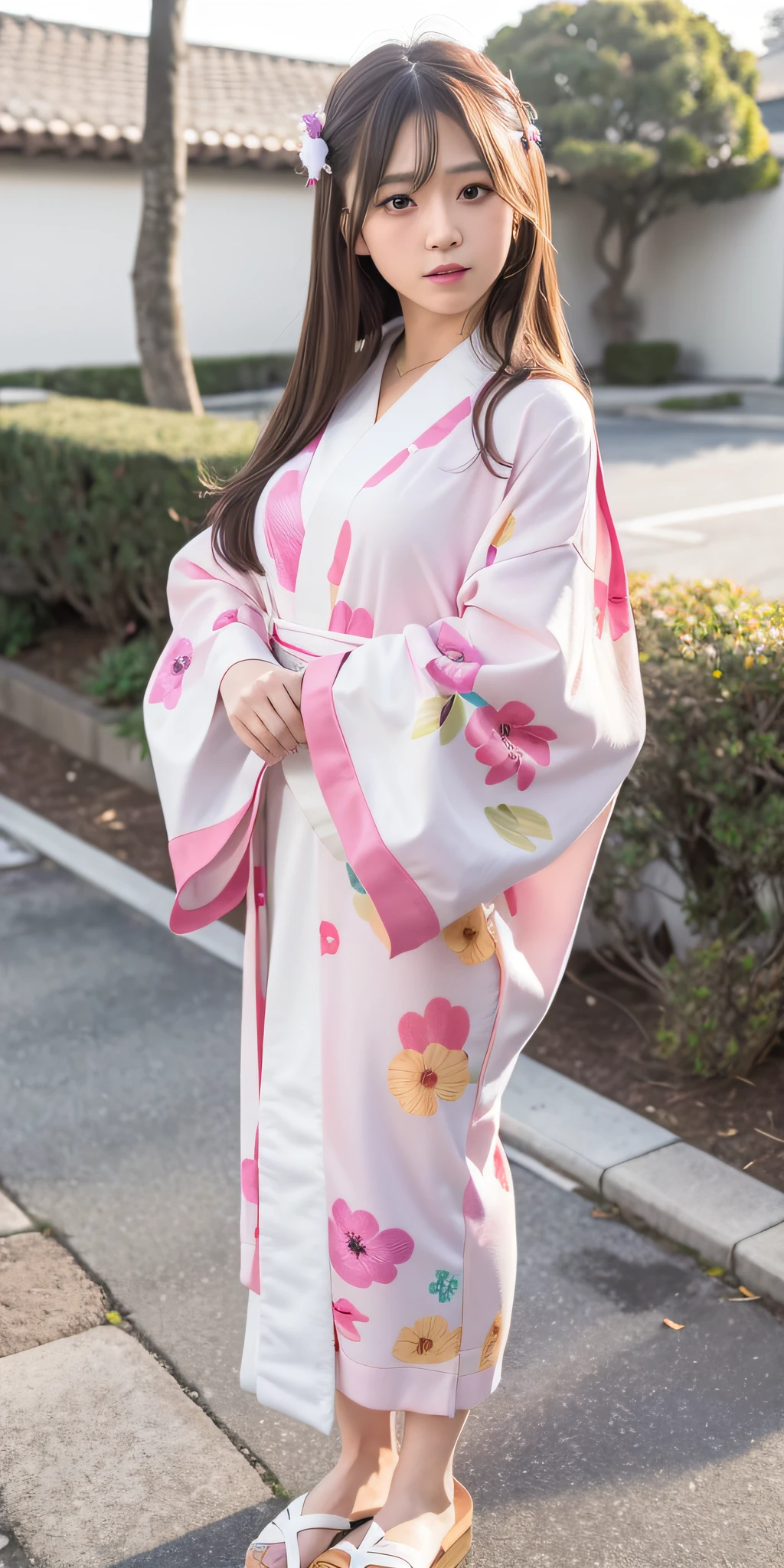 mix4, 20d, Solo, long_hair, Nanase Nishino, Haruka Kaki, Kimono, Japanese clothing, Turning around, Hiding hands, (8K, RAW photography, Best quality, Masterpiece:1.2), (Realistic, Photorealistic:1.37), Professional Lighting, Photon Mapping, Radiosity, Physically Based Rendering