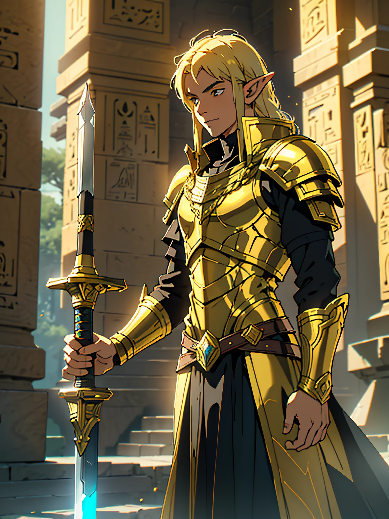 1 boy, a young elf paladin, fully dressed in armor with gold details, with a fire sword, in an Egyptian temple, D&D, masterpiece, best quality, high contrast, soft lighting, backlighting, blooming, light sparkles, chromatic aberration, smooth, sharp focus