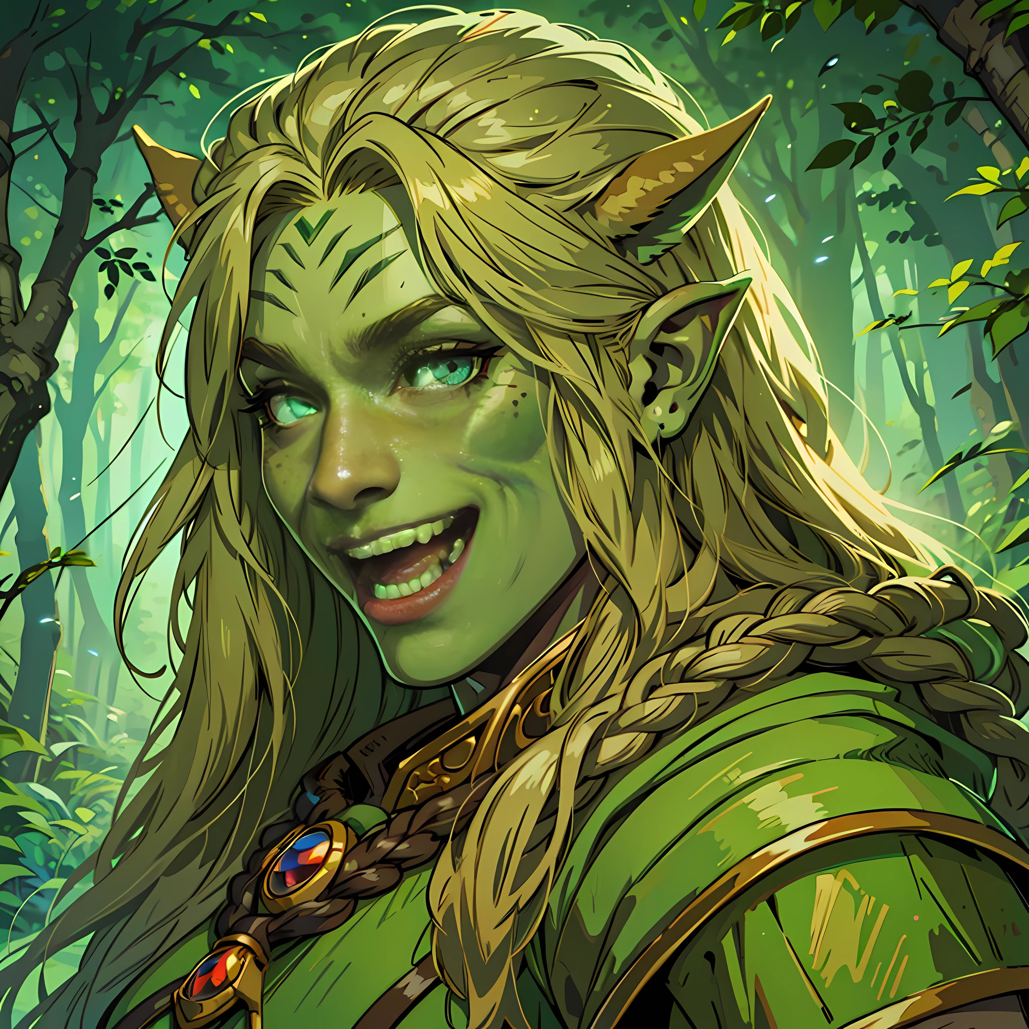 Vector Art, Portrait Rpg, Race: Druid Orc, Gender: Female, Eyes: Light Brown, Skin Color: Deep Green, Physique: Muscular Complexion, Facial Features: Face with freckles, Expression: Cheerful Look Laughing, Hairstyle: Long blond hair, Equipment: Ropa Druida fantastica, Background: Pantano, High quality