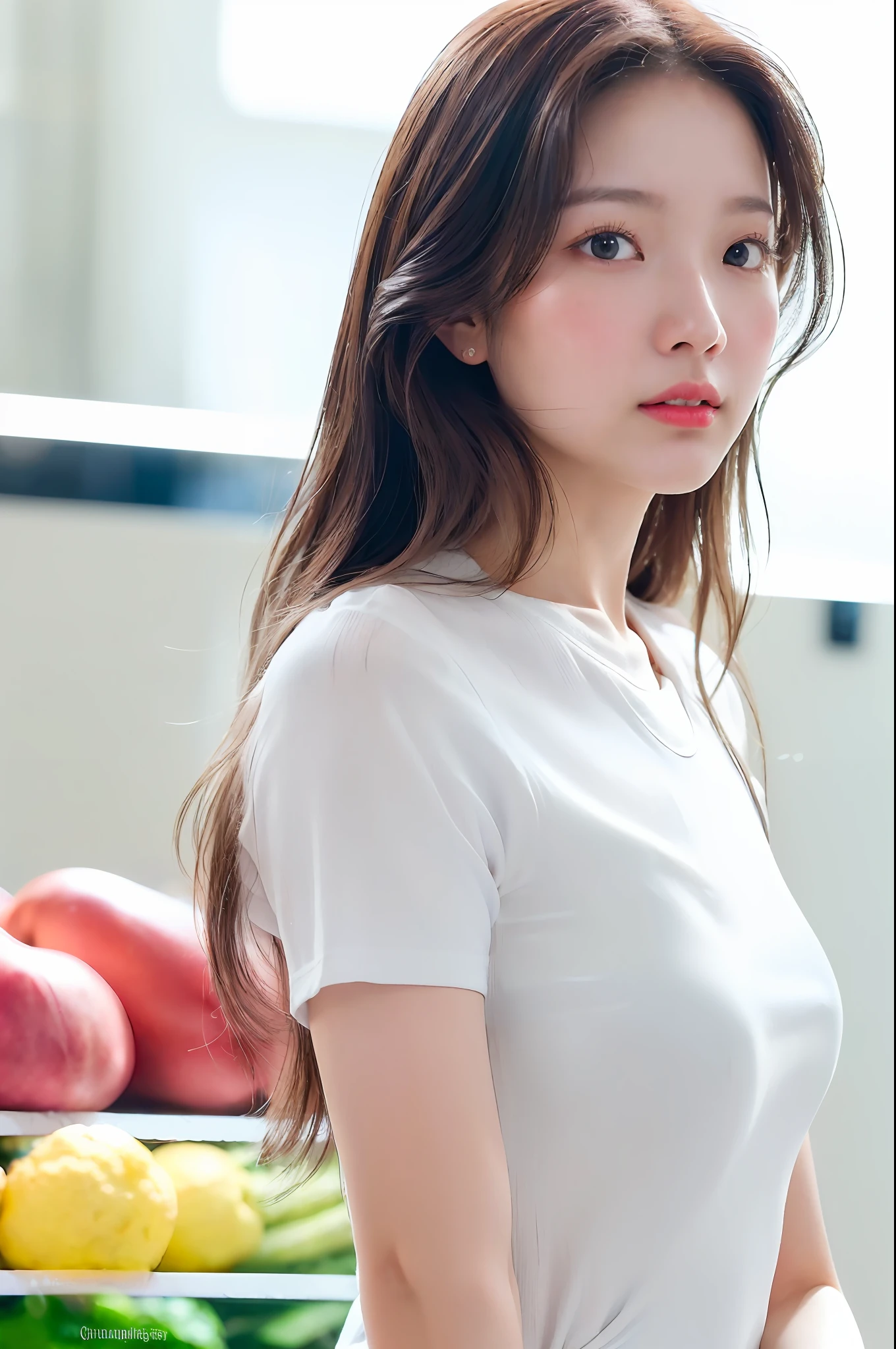 1girl, (at supermarket:1.2), ((white shirt:1.2)), RAW photo, (photorealistic:1.37, realistic), highly detailed CG unified 8K wallpapers, looking at viewer, (((straight from front))), (HQ skin:1.8, shiny skin), 8k uhd, dslr, soft lighting, high quality, film grain, Fujifilm XT3, ((upper body:1.6)), (professional lighting:1.6)