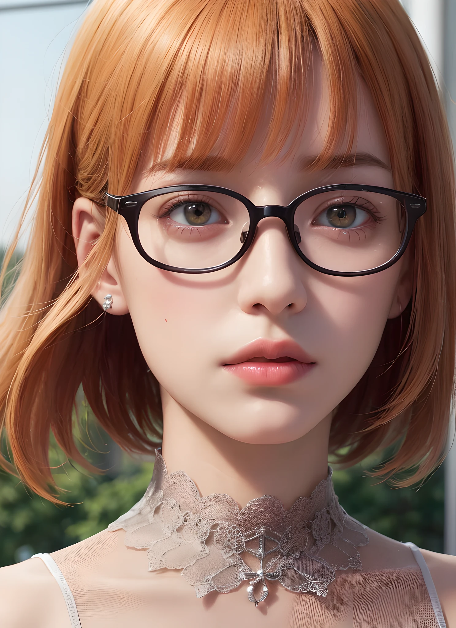 (realistic, photo-realistic: 1.37), (16k, RAW photo, best quality, masterpiece: 1.2), orange eyes, beautiful, ultra-detailed, heart-shaped pupils, physical rendering, ultra high res, front lighting, looking at the viewer, photorealistic, realistic, solo, photorealistic, best quality, extremely detailed face, extremely detailed eyes and face, beautiful detailed eyes, absurd, incredibly absurd, messy short hair, floating hair, ((oaks agrias)), whole body, radioactive orange hair, glasses, bob cut, 16k