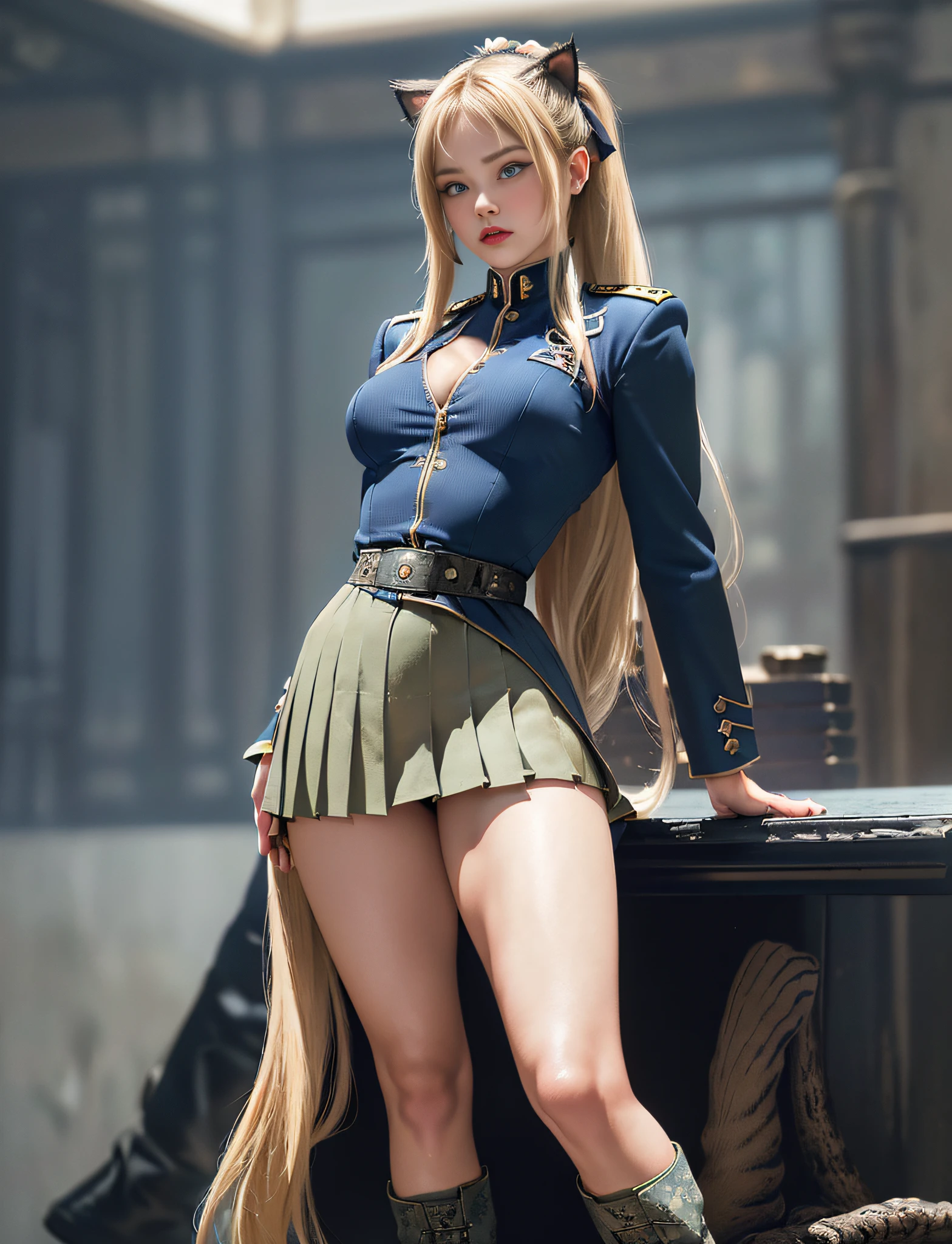 very detailed RAW color photo, (((1 girl))), (((alone))), (((29 years))), ((athletic)), ((very defined toned physique)), (((very detailed perfect body))), (((small and defined breasts))), (((ultra defined curves))), (((superior quality, 8k, masterpiece: 1.3)), sharp focus: 1.2, (((extremely beautiful girl with perfect figure: 1.4))), ((very thin waist: 1.2)), ultra detailed skin texture, ((smooth and soft skin)), (ultra detailed fabric texture), extremely beautiful ultra detailed face, (((extremely beautiful))), intricate details, ultra detailed, (((girl wearing a tight military-type blazer with a pleated miniskirt))), ((((extra long straight blonde hair))), extremely beautiful, (((extra long ponytail with bangs))), ((very detailed and beautiful cat ears)), (hair on the face), ((hair ribbon)), dynamic pose, ((uniform leaves thighs exposed)), ((ultra detailed legs)), (((ultra detailed waist))), (((very wide hips))), (((very thick thighs))), (sexy), (((extreme hourglass figure))), (((very thick heart lips))), (((red lipstick)), ((ultra detailed lips)), ((ultra detailed blue eyes)), ((angry look)), (((staring at the viewer))), ultra detailed provocative mouth, extremely beautiful seductive lips, ((blush)), (makeup), (((ultra defined waist))), eye shadow, (full body shot), (military boots)