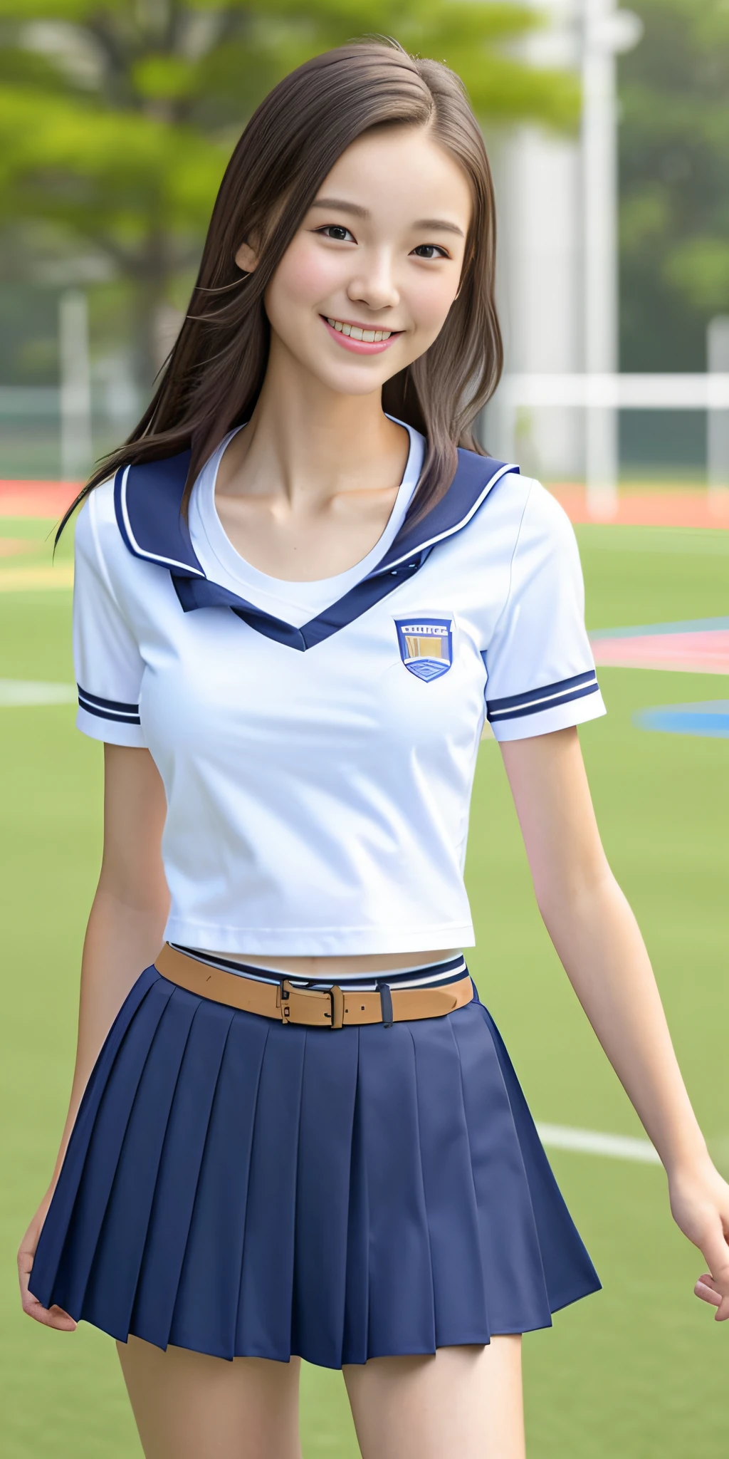 neat college girl, petite, (school uniform, summer clothes, short sleeves), outside the athletic field, (slim), photorealistic, detail, skin texture, ultra detail, delicate sexy collarbone, smile, super detailed face, detailed lips, detailed eyes, breast enhancement, waist thin