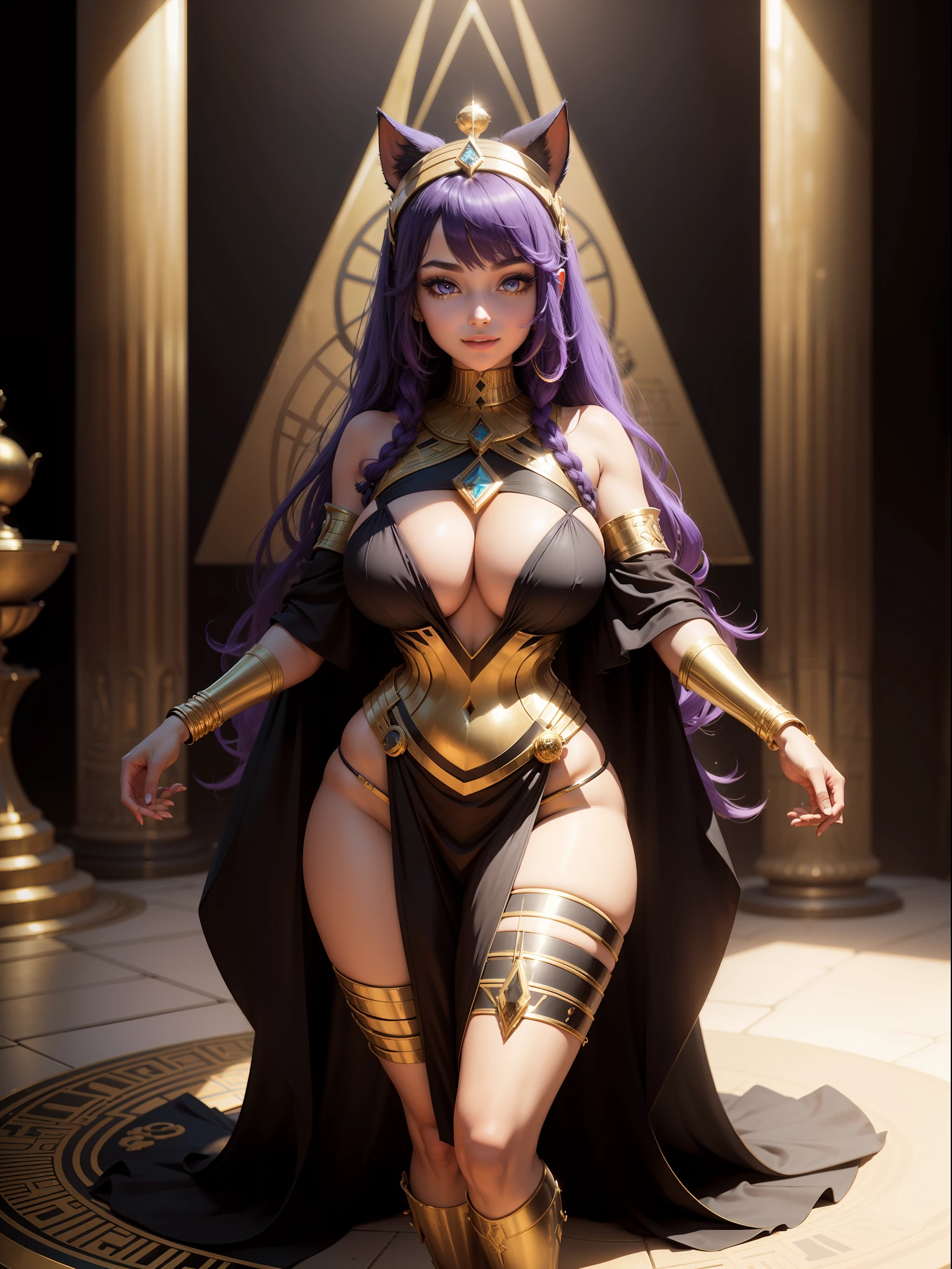 ((Full body photo)), Saria has large breasts, emo on her head, black color with golden parts/futuristic Egyptian costume with bands wrapped around her body like a mummy, extremely tight on her body, she is inside a pyramid in front of an altar with a giant gold statuette in the shape of a cat, she has purple hair,  blue eyes, is looking at the viewer, smiling, flushed face, Futurism, 16k, UHD, retina, masterpiece, ccurate, anatomically correct, best quality, high quality, textured skin