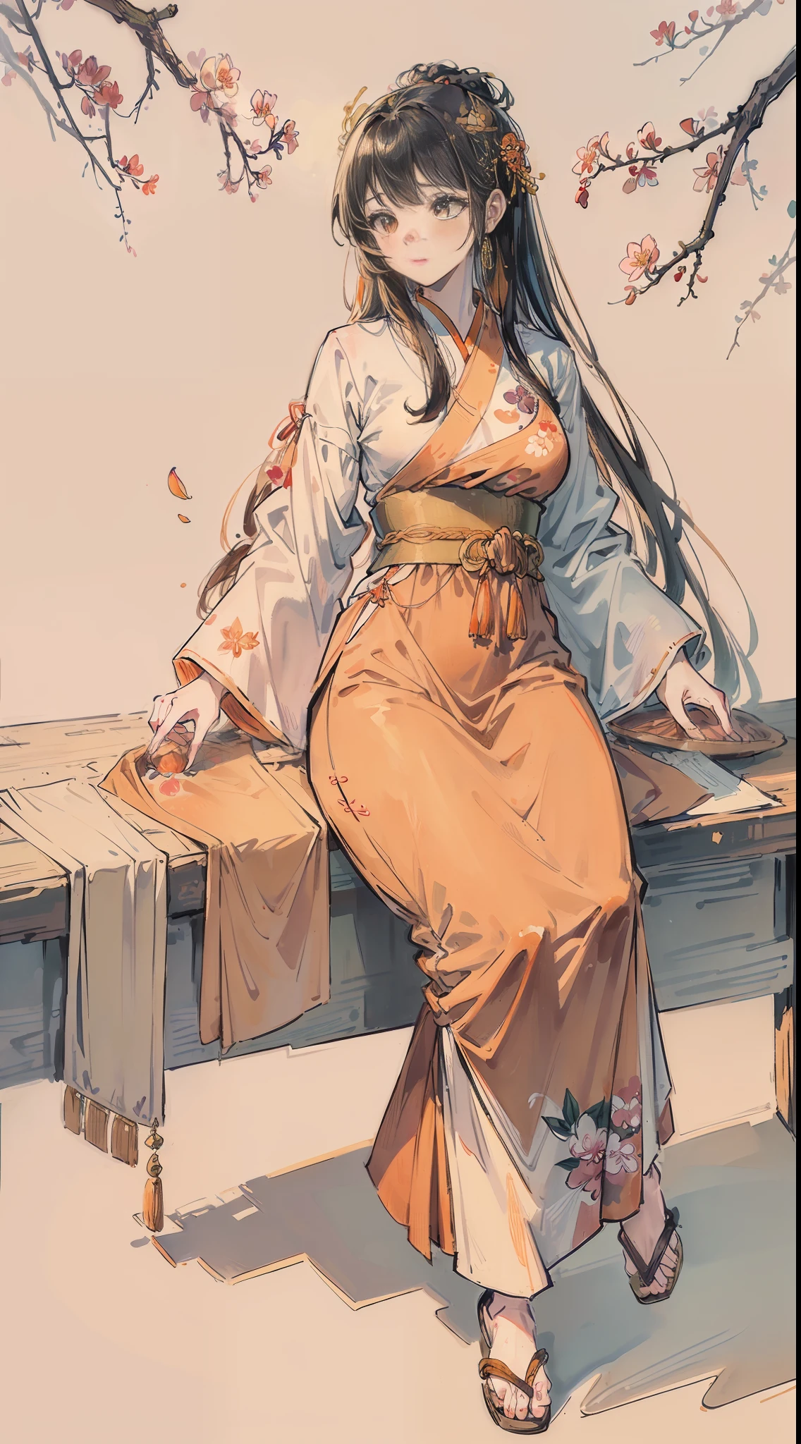 (highest quality, almond-shaped eyes, emitting a faint orange, gold and brown: 1.2 light, deep atmosphere, strong sense of relief, warm and advanced color), under a blooming peach blossom tree, stands a beautiful woman holding a folding fan, she has long black hair, wearing a light blue long dress embroidered with peach blossoms, slightly raised her feet, as if walking slowly, the scene is several peach blossoms falling from all around, extreme details, there is a leisurely feeling, it seems that her posture is gradually leading the plot of this beautiful martial arts novel, The whole picture is filled with a fresh breath, as if people are in it.