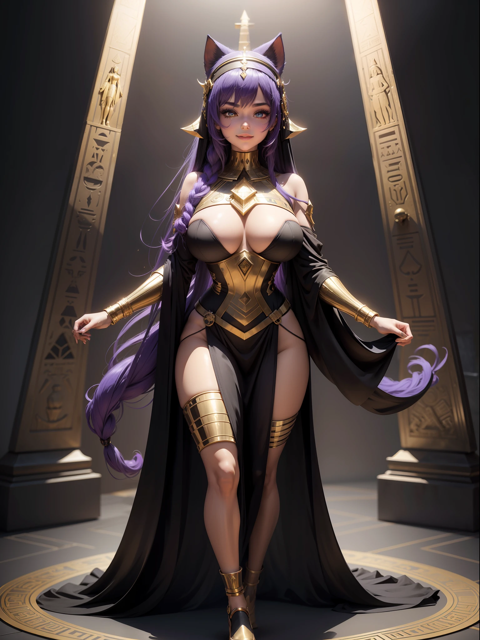 ((Full body photo)), Saria has large breasts, emo on her head, black color with golden parts/futuristic Egyptian costume with bands wrapped around her body like a mummy, extremely tight on her body, she is inside a pyramid in front of an altar with a giant gold statuette in the shape of a cat, she has purple hair,  blue eyes, is looking at the viewer, smiling, flushed face, Futurism, 16k, UHD, retina, masterpiece, ccurate, anatomically correct, best quality, high quality, textured skin