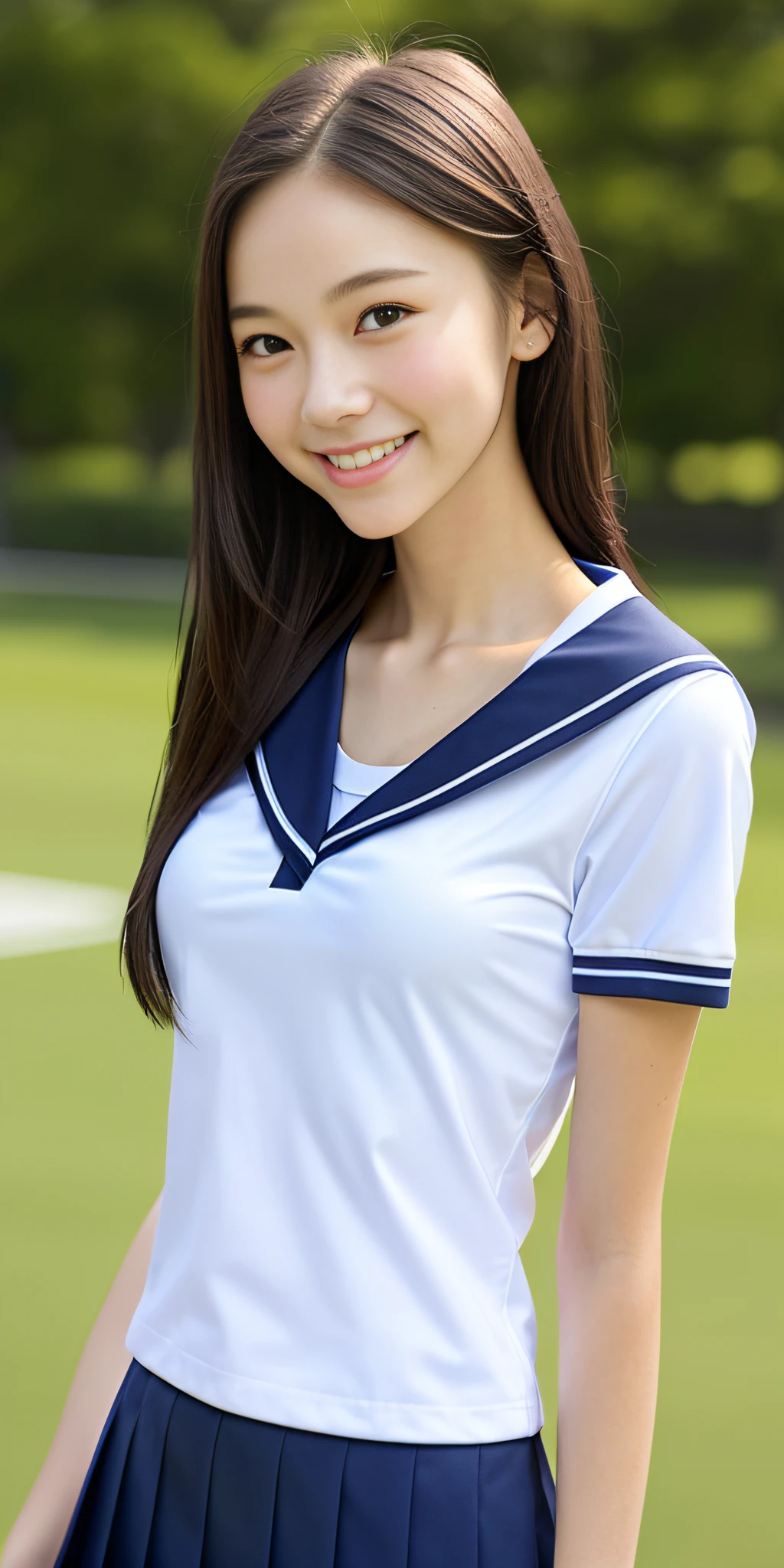 neat college girl, petite, (school uniform, summer clothes, short sleeves), outside the athletic field, (slim), photorealistic, detail, skin texture, ultra detail, delicate sexy collarbone, smile, super detailed face, detailed lips, detailed eyes, breast enhancement, waist thin