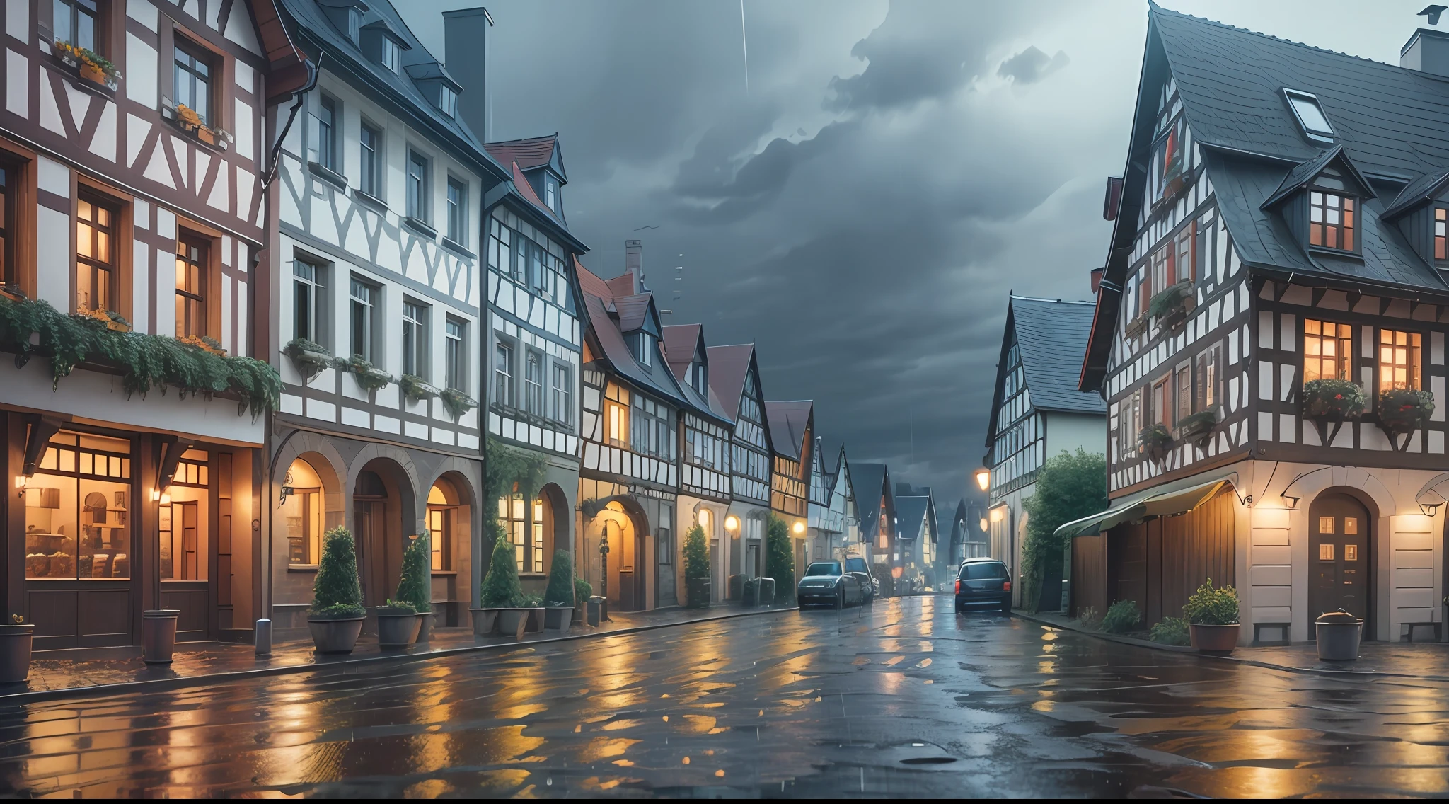 View of a typical German street, ((night cityscape)), classic poles, ((night)), ((rain)), wet street, ((old German houses)), realistic, realistic shadows, realistic lighting, Full HD, 8K, photorealistic