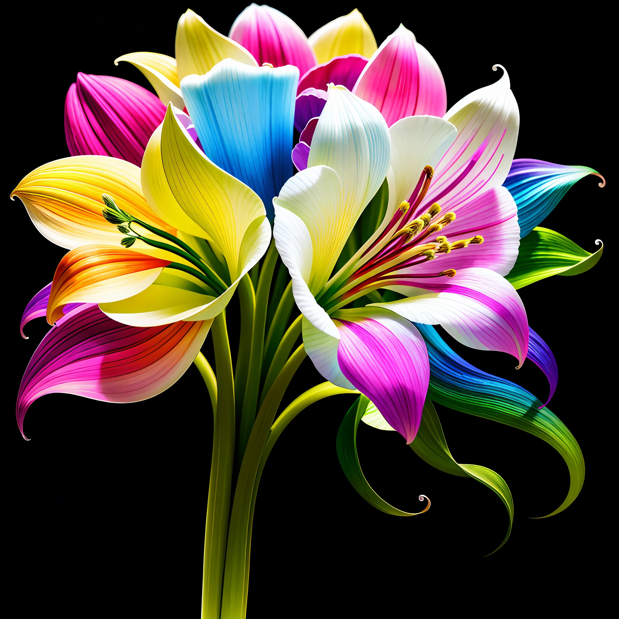 bouquet of delicate flowers Colorful amaryllis, many colors, rainbow, super transparent, holy light, beautiful spectral light, petals glow, flashing, dark background, transparent light drops, reflective light, bright, light flowing in, optics, portrait profile, sharp focus, magical, intricate, ultra realistic, fantasy, composition, light, trend in artstation, pearl, silver vapor patronus cloud, family of corrosive enveloping rays, 8k, ureal air 23v4 uplight