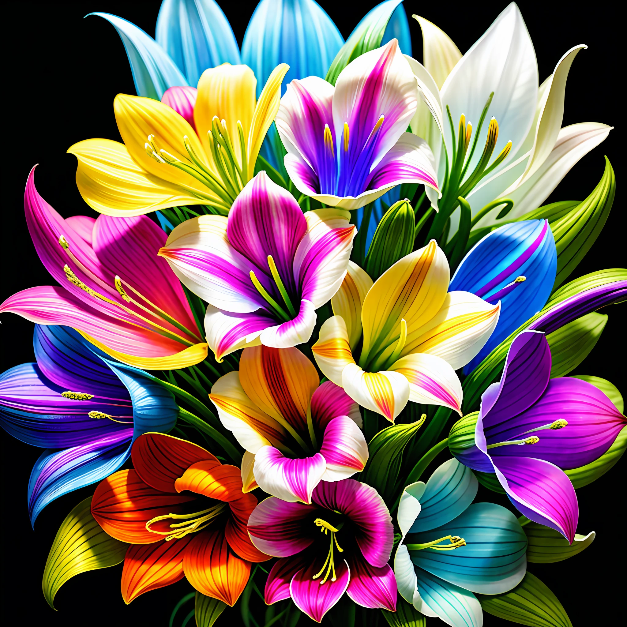 bouquet of delicate flowers Colorful amaryllis, many colors, rainbow, super transparent, holy light, beautiful spectral light, petals glow, flashing, dark background, transparent light drops, reflective light, bright, light flowing in, optics, portrait profile, sharp focus, magical, intricate, ultra realistic, fantasy, composition, light, trend in artstation, pearl, silver vapor patronus cloud, family of corrosive enveloping rays,  8k, ureal air 23v4 uplight