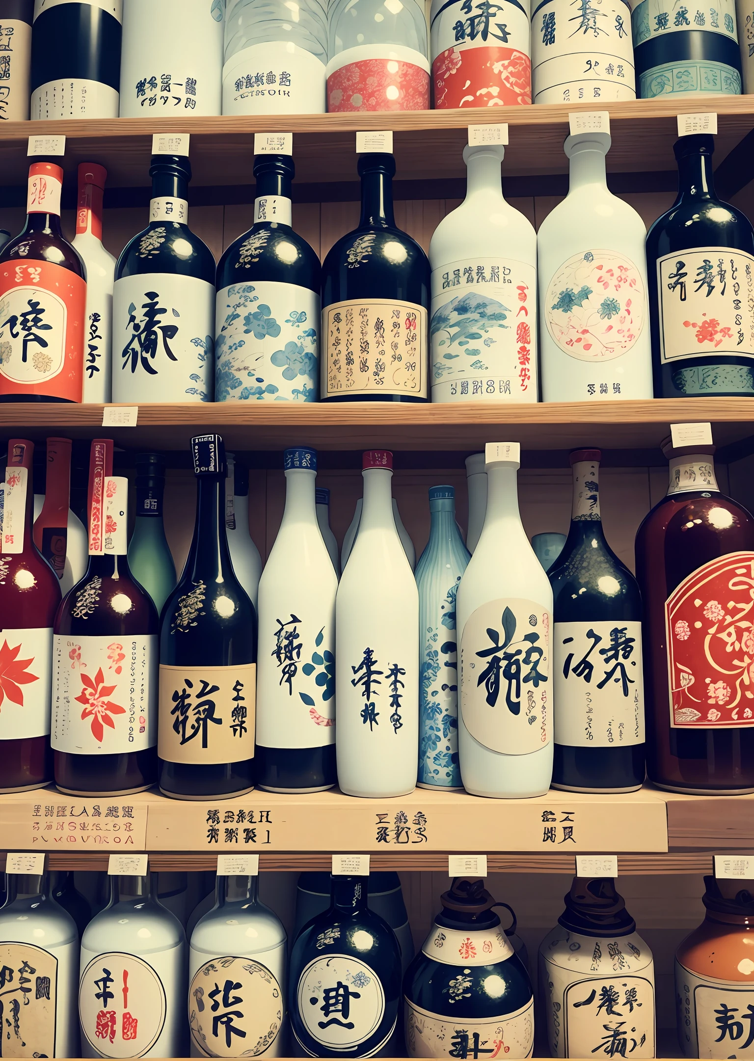 Various types of Japanese sake, lined up on the shelves --auto --s2