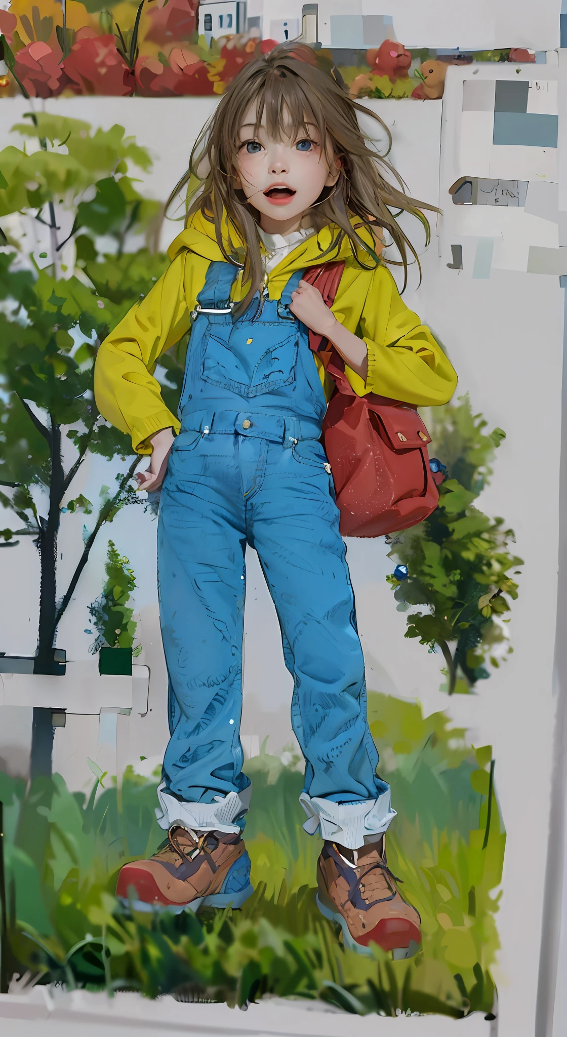 (masterpiece:1.5, best quality:1.5), (hyper realistic:1.5), (photo realistic:1.5), (real picture, intricate details), looking at viewer, (8k wallpaper:1.5) (knee to head): 1.15), (face detail: 1.5), ( Eye detail:1.5), (sharp photo), High detail, Ultra detail, Ultra resolution, (Strong depth of field:1.5) Style - Cute and playful Positioning - Open scene background - Blue sky and white clouds main body - Front view appearance - Short hair, bright eyes, ruddy cheeks Costume - yellow sweater, denim suspenders, red sneakers, - Stand angrily holding teddy bear Details - wildflowers and tall grass in the background, effect - warm sunlight shining on the girl, casting a soft glow Description - A cute and innocent girl enjoying her time in the open field, surrounded by the beauty of nature. She wears a yellow sweater and denim suspenders. The warm sun shines on her, and the wildflowers gently sway in the breeze. Added a playful atmosphere.