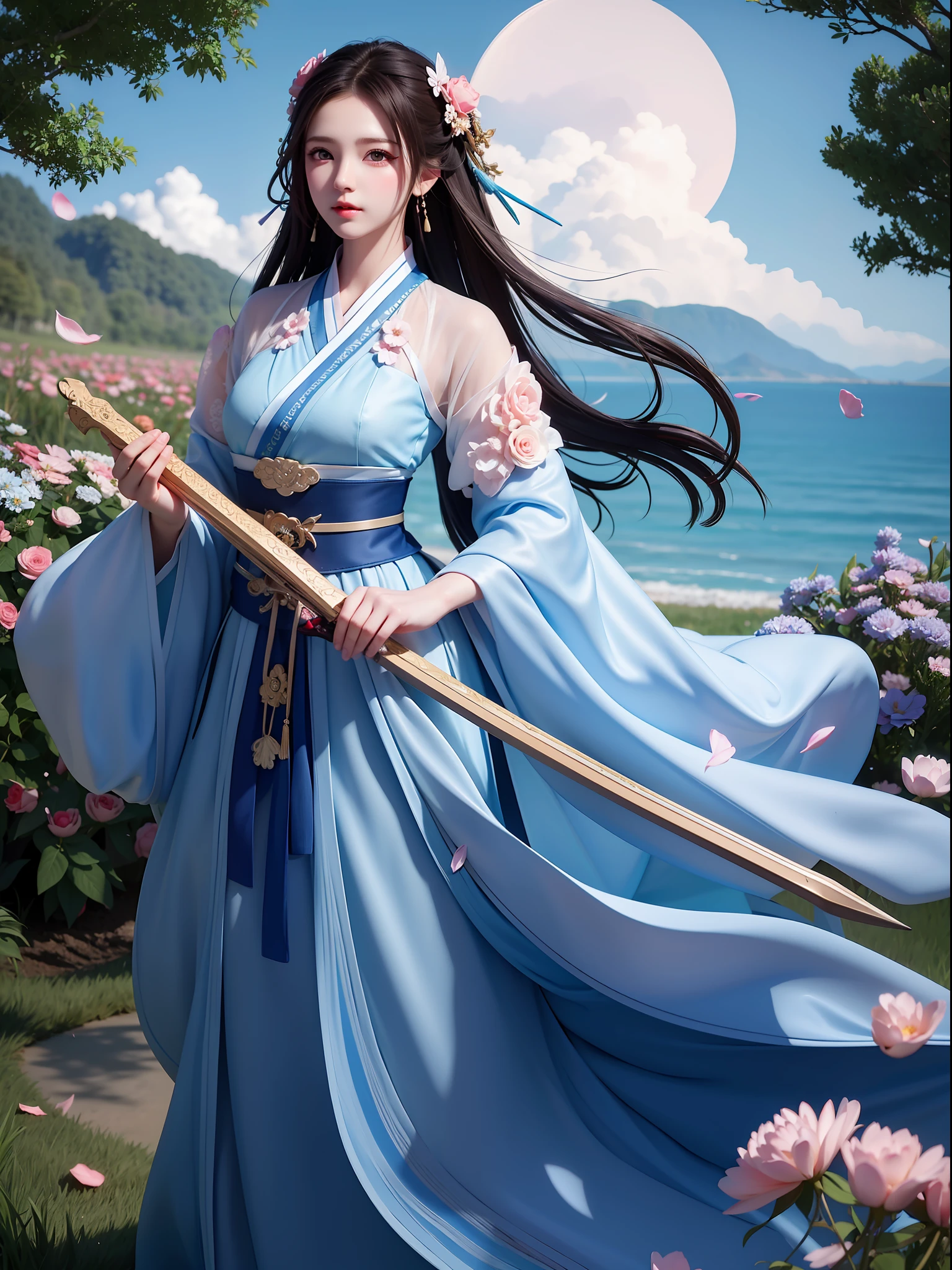 Masterpiece, best quality, sea of rose flowers, petals falling, clouds, blue sky, long hair, woman, silhouette, holding a sword, hanfu, wearing long hanfu, clothes fluttering, rabbit