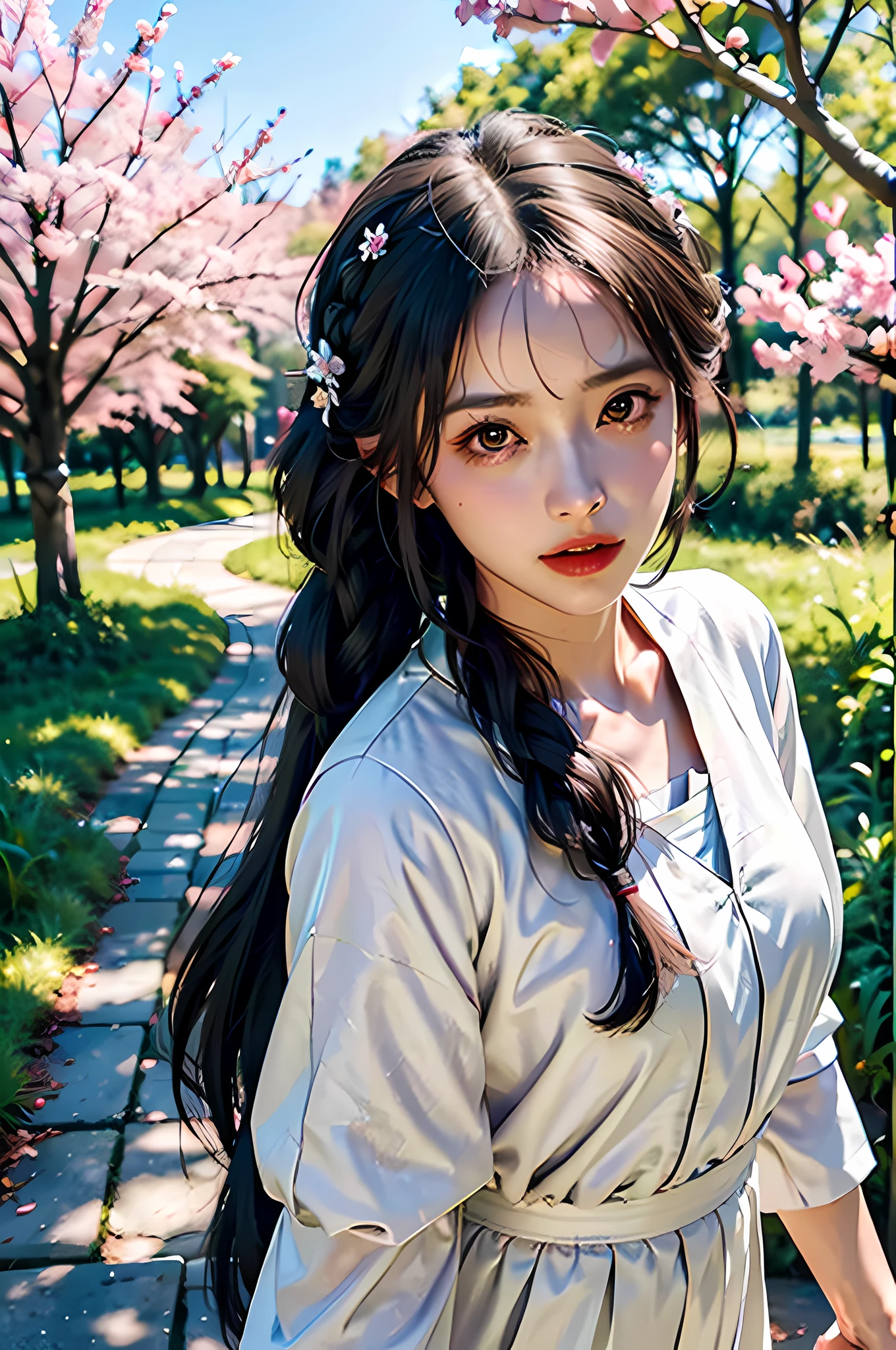 best quality,(RAW photo:1.2),(masterpiece:1.4),(photorealistic:1.4),(highres:1.4),
1girl, long hair, braid, butterfly, depth of field, from above,
hanami, cherry blossoms, lake, beautiful detailed water, black hair, long eyelashes, 
 pureerosface_v1, hanfu,
 AESPAKARINA,