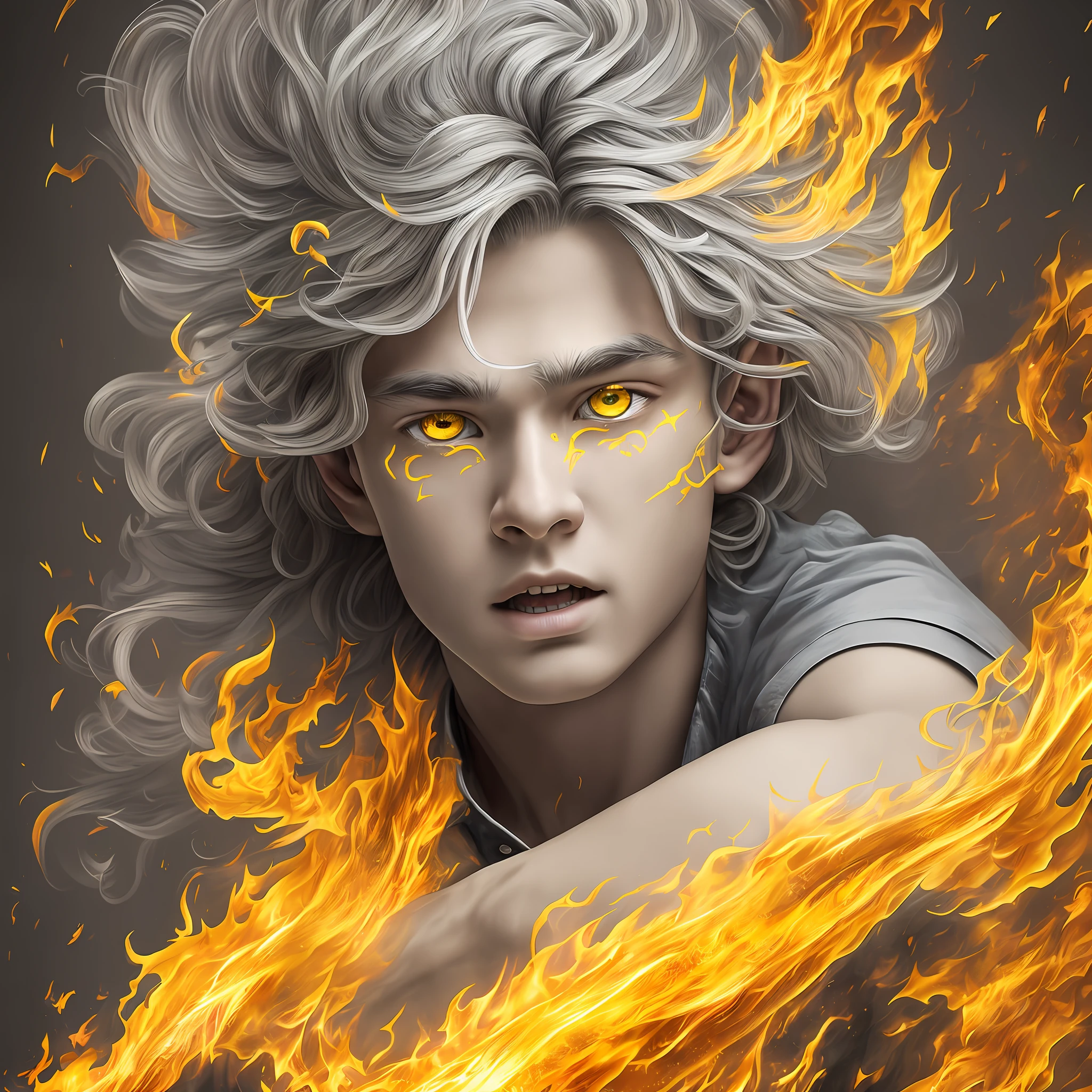 Drawing, fantasy, realism, high detail, duet, portrait, 15-year-old guy (detailing), ((with light gray hair)), ((with yellow frightened eyes)), (face detailing), in a shirt and trousers (clothing detailing), dynamic pose, fighting a fiery spirit (spirit detailing), (fire detailing), 8kk --auto --s2