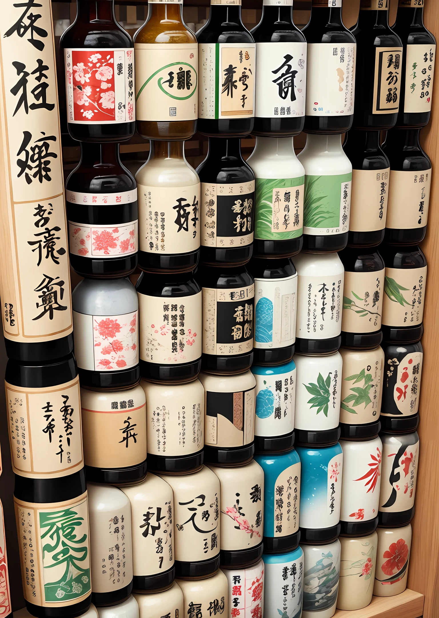 Various types of Japanese sake, lined up on the shelves --auto --s2