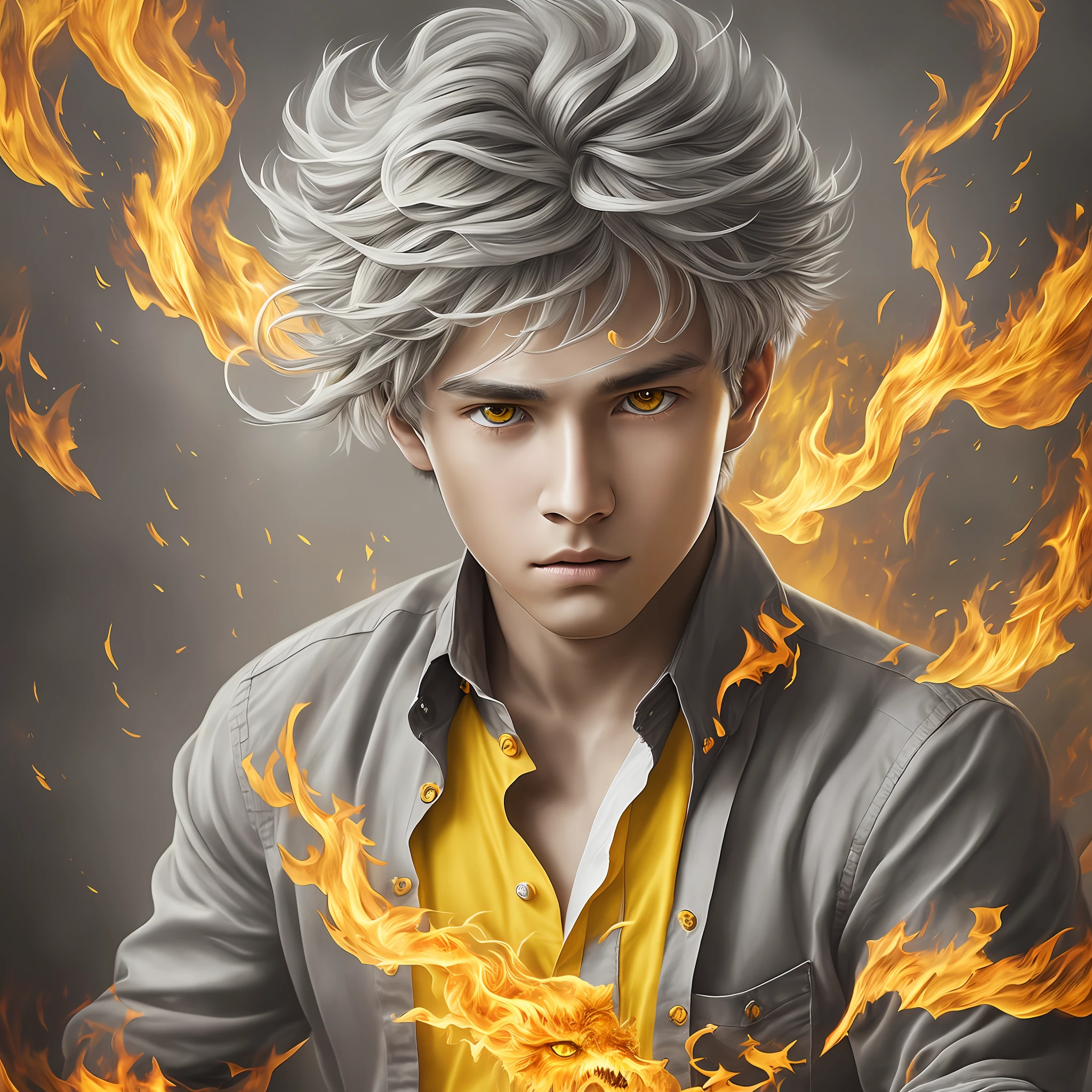 Drawing, fantasy, realism, high detail, duet, portrait, **-****-*** guy (detailing), ((with light gray hair)), ((with yellow frightened eyes)), (face detailing), in a shirt and trousers (clothing detailing), dynamic pose, fighting a fiery spirit (spirit detailing), (fire detailing), 8kk --auto --s2