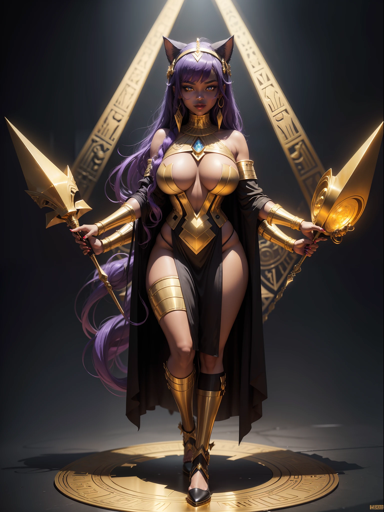 ((Full body photo)), Saria has large breasts, emo on her head, black color with golden parts/futuristic Egyptian costume with bands wrapped around her body like a mummy, extremely tight on her body, she is inside a pyramid in front of an altar with a giant gold statuette in the shape of a cat, she has purple hair, blue eyes, is with closed hands, holding a sector of pure gold,is looking at the viewer, smiling, face with red cheek, black lipstick in mouth, Futurism, 16k, UHD, retina, masterpiece, ccurate, anatomically correct, best quality, high quality, textured skin
