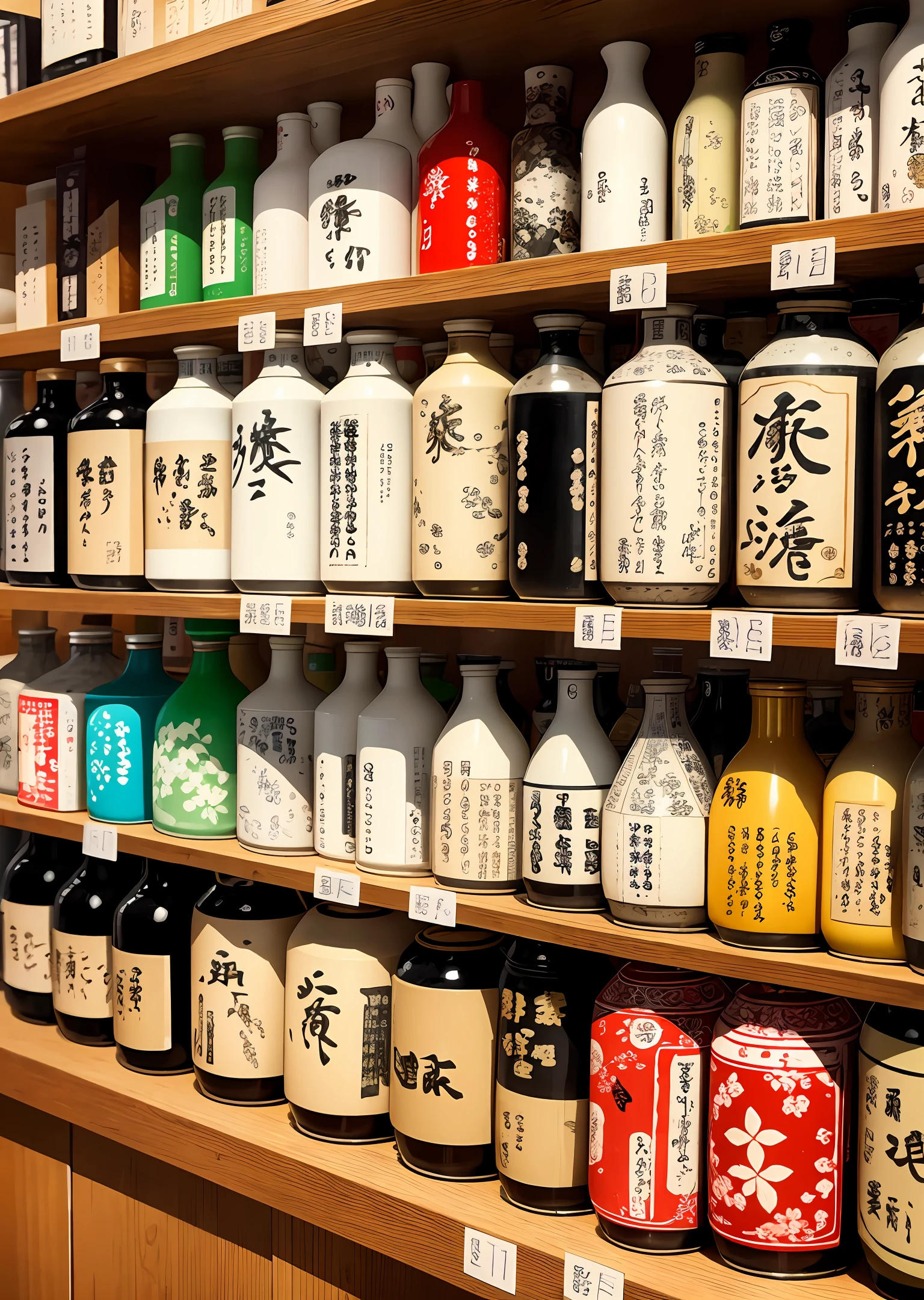 Various types of Japanese sake, lined up on the shelves --auto --s2