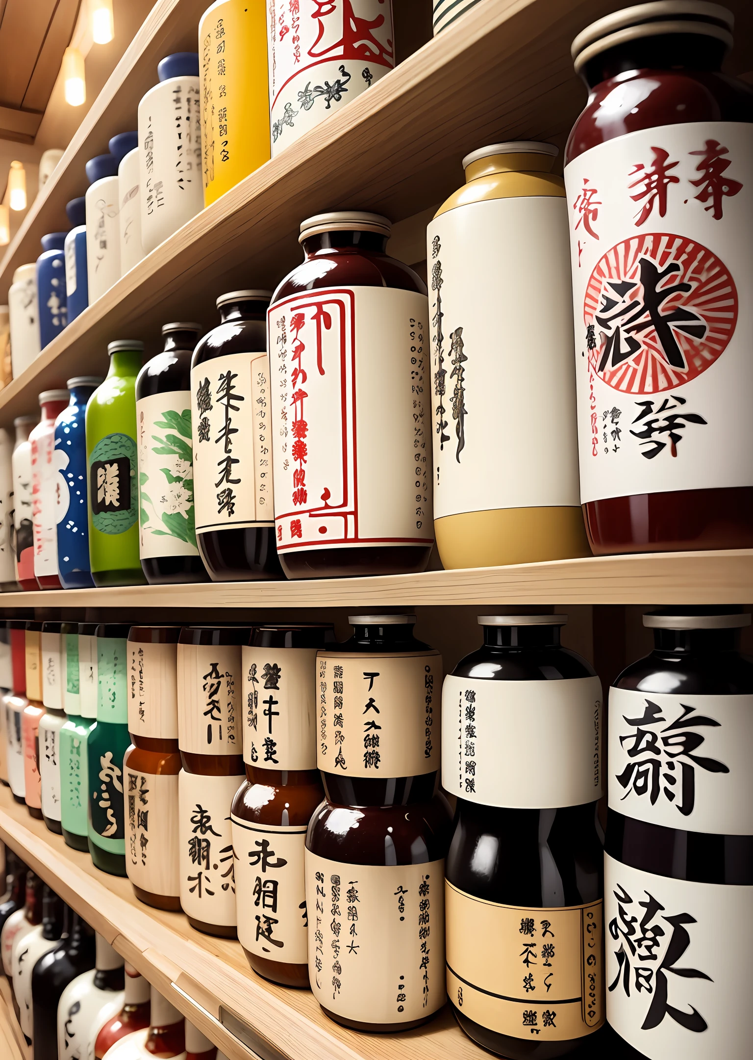 Various types of Japanese sake, lined up on the shelves --auto --s2