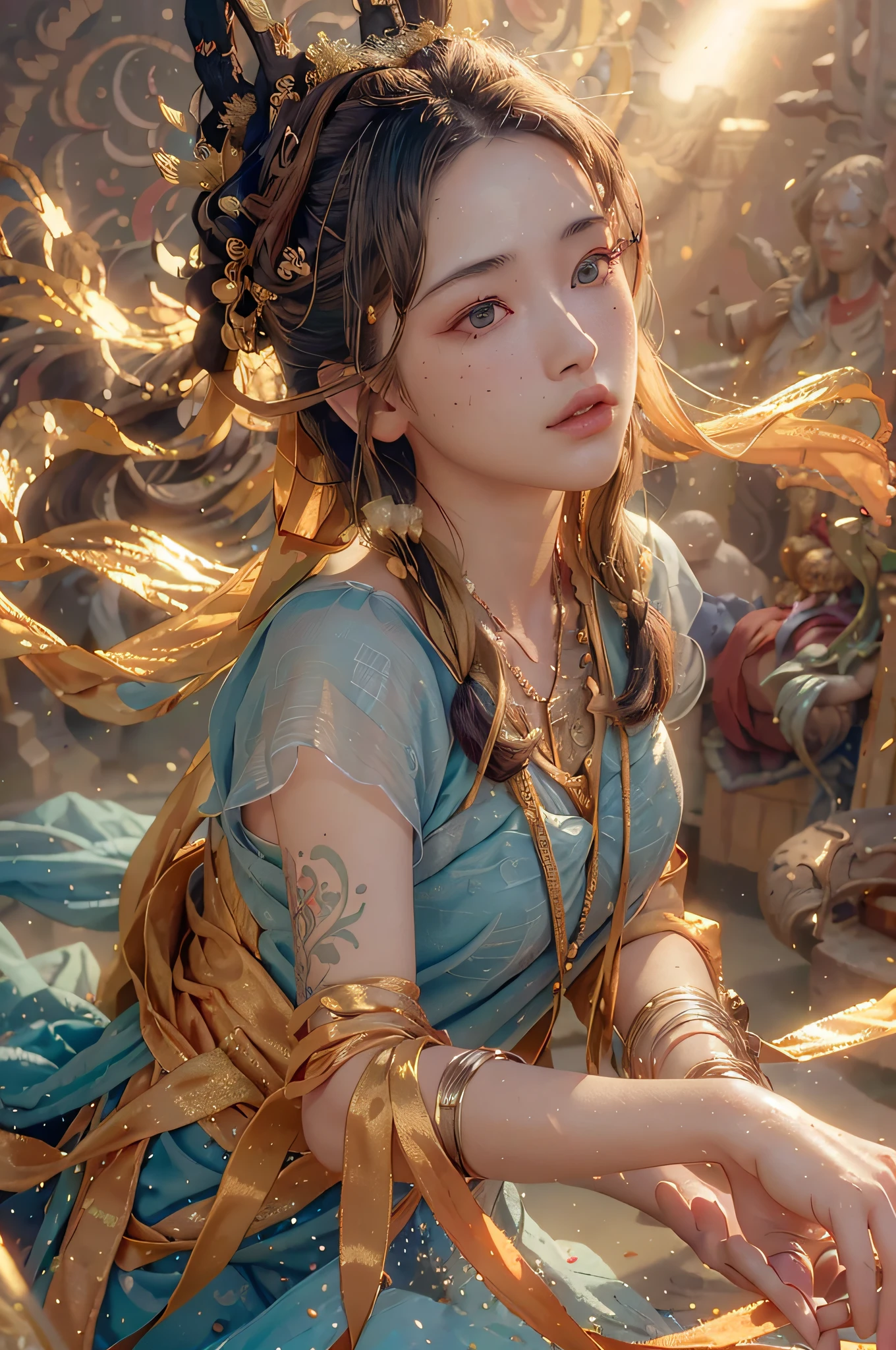 (RAW photo, best quality), (realistic, photo-realistic:1.3),best quality,highly detailed,masterpiece,ultra-detailed,illustration,1girl,upper_body,dynamic angle,world masterpiece theater,messy_long_hair,best quality,extremely detailed CG unity 8k wallpaper,ink,Amazing,cinematic lighting,lens_flare,,dunhuang_style