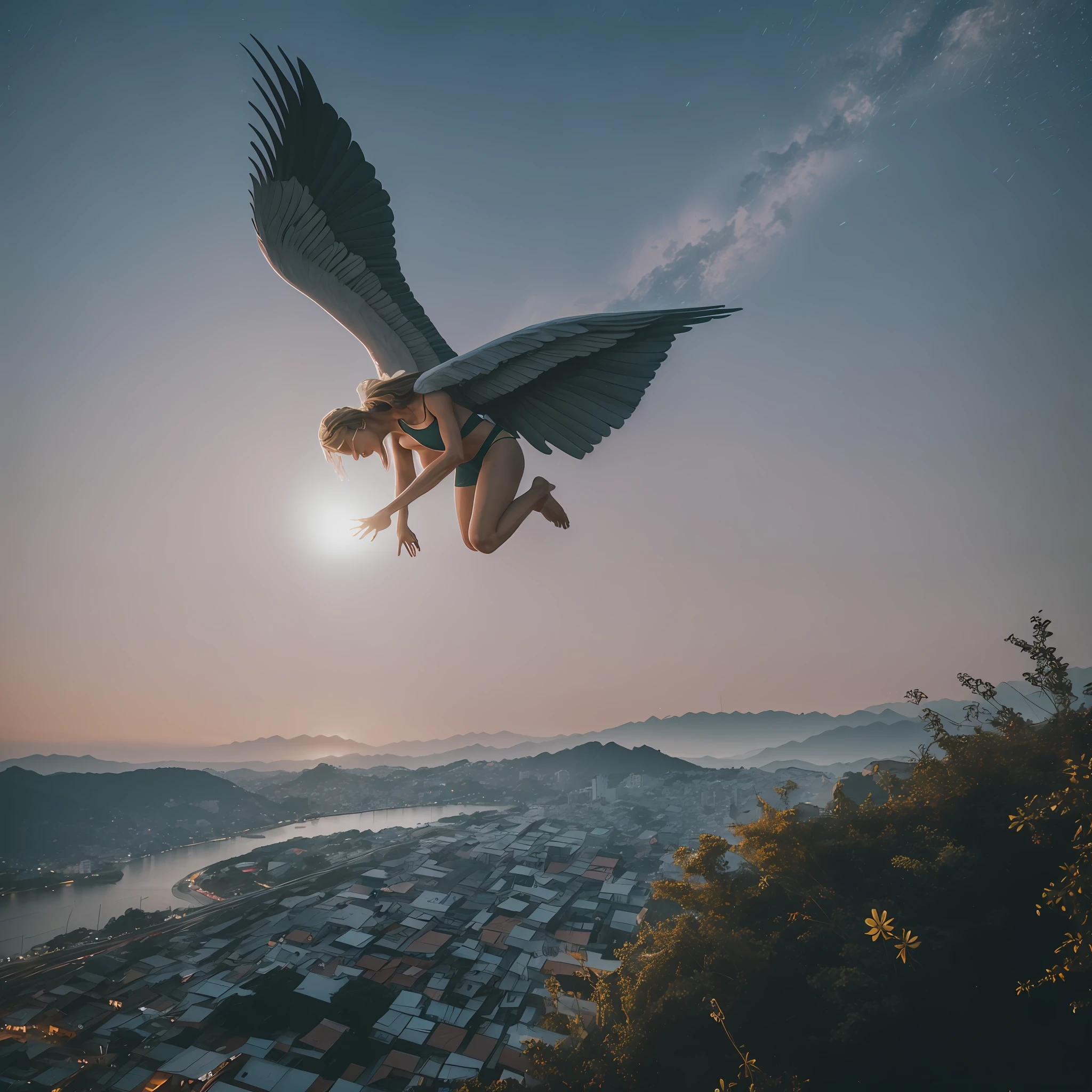 An angel pouring out his blessings to a Rio de Janeiro favela, 8k, uhd, severe low lighting, high quality, sharp focus, fujifilm XT3 --auto --s2