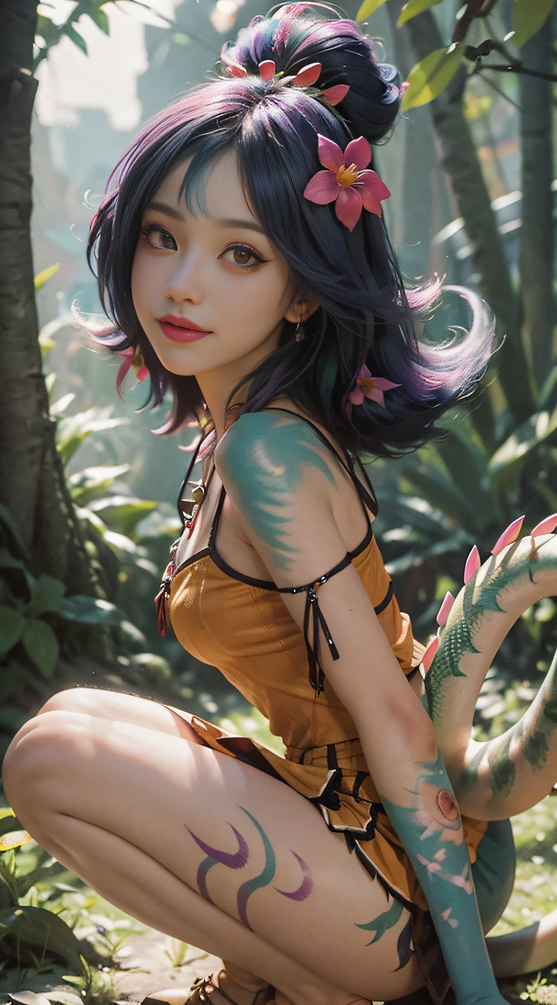 Facial focus, ((close-up)),((epic portrait: 1.5))best illustration, illustration, bright colors, masterpiece, best quality, absurd, night, jungle, blurred background, 1 girl, beautiful face, blue and purple hair, detailed eyes, looking at the viewer, opposite, sexy, squatting on tree trunk, front, full body, neeko, face markers, hair accessories, flower hair, necklace, (lizard tail), multicolored skin, body painting, short skirt, opal color, smile, side lighting, movie lighting , rendered by NVIDIA