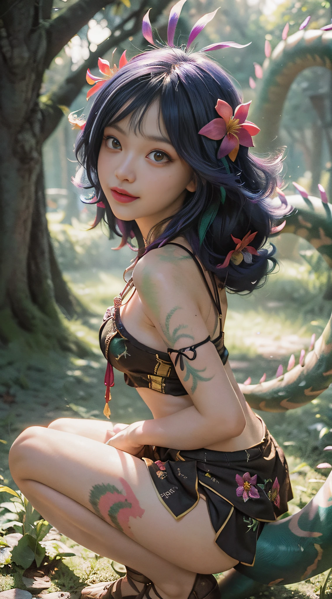 Facial focus, ((close-up)),((epic portrait: 1.5))best illustration, illustration, bright colors, masterpiece, best quality, absurd, night, jungle, blurred background, 1 girl, beautiful face, blue and purple hair, detailed eyes, looking at the viewer, opposite, sexy, squatting on tree trunk, front, full body, neeko, face markers, hair accessories, flower hair, necklace, (lizard tail), multicolored skin, body painting, short skirt, opal color, smile, side lighting, movie lighting , rendered by NVIDIA