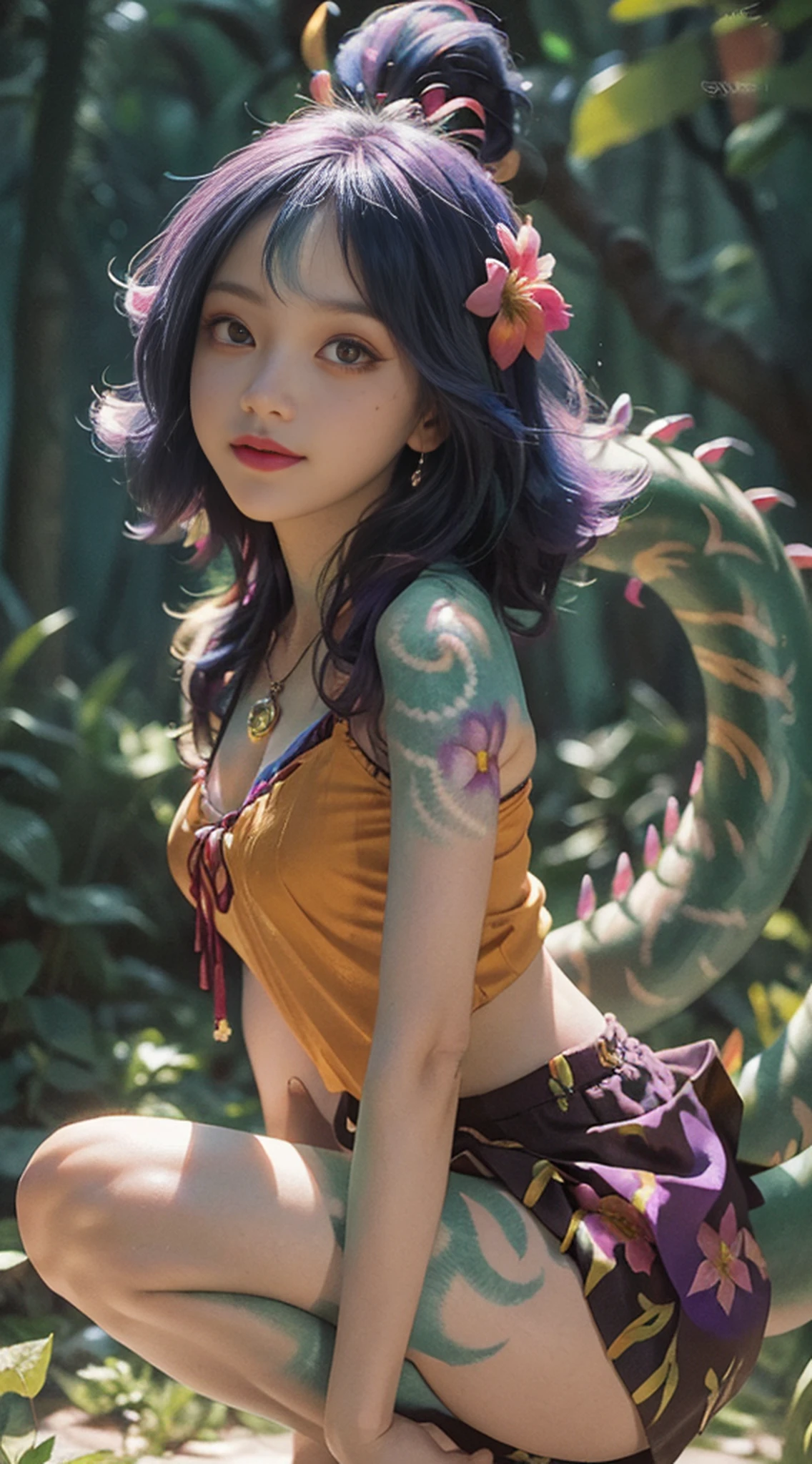 Facial focus, ((close-up)),((epic portrait: 1.5))best illustration, illustration, bright colors, masterpiece, best quality, absurd, night, jungle, blurred background, 1 girl, beautiful face, blue and purple hair, detailed eyes, looking at the viewer, opposite, sexy, squatting on tree trunk, front, full body, neeko, face markers, hair accessories, flower hair, necklace, (lizard tail), multicolored skin, body painting, short skirt, opal color, smile, side lighting, movie lighting , rendered by NVIDIA