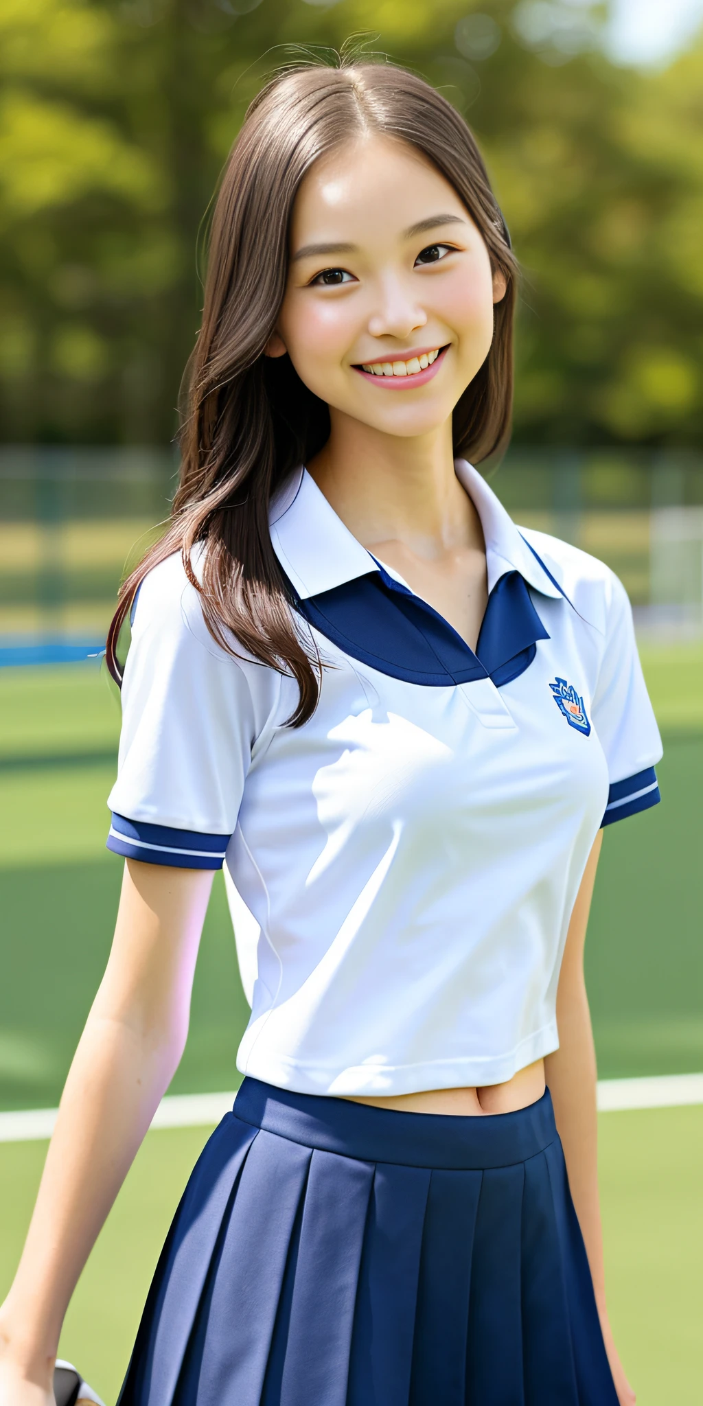 neat college girl, ite person, (school uniform, summer clothes, short sleeves), outside the athletic field, (slim), photorealistic, detail, skin texture, ultra detail, delicate and sexy collarbone, smile, super detailed face, detailed lips, detailed eyes, double eyelids, breast emphasis, navel, constriction