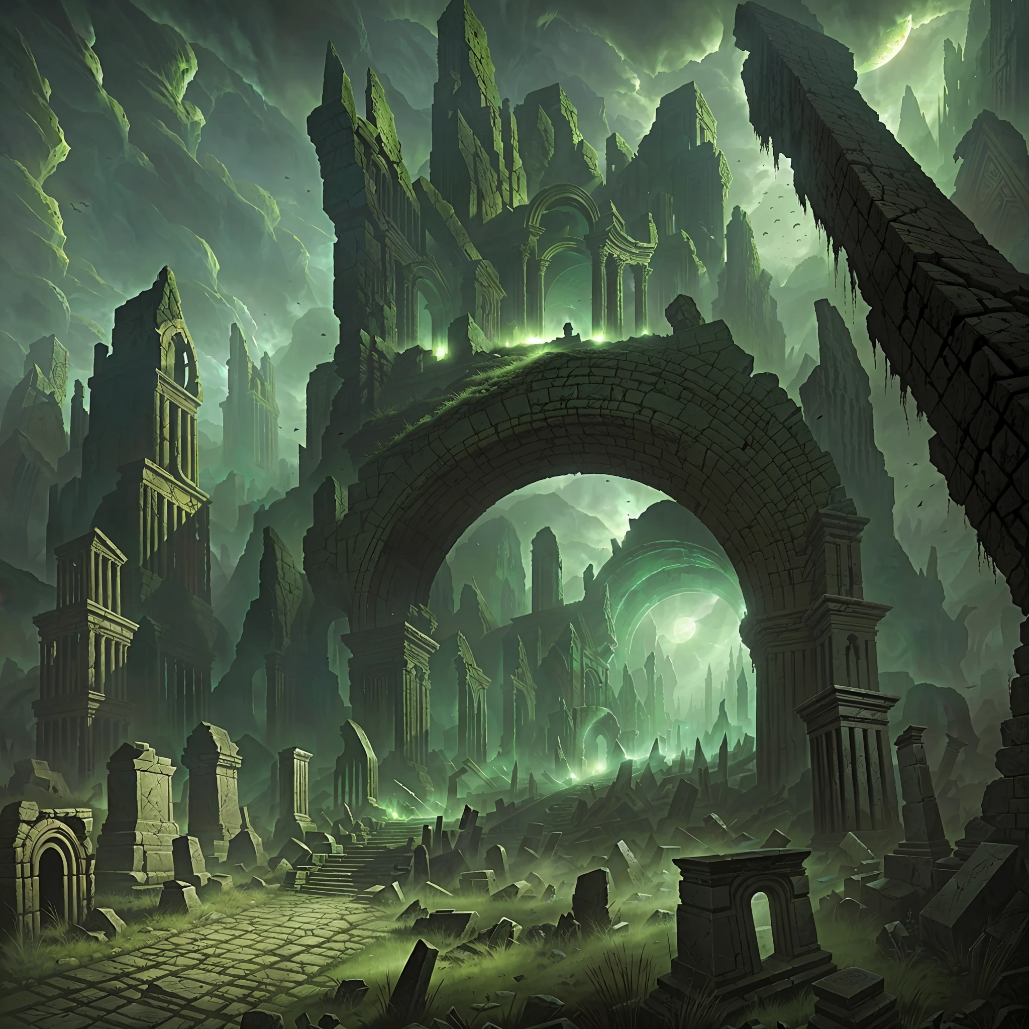 vast scenario of horror, dark valley with abyss, digital illustration, overdetailed, uhd, ruins and an ancient cemetery as background, around Strong shadows, green art by Dan Seagrave