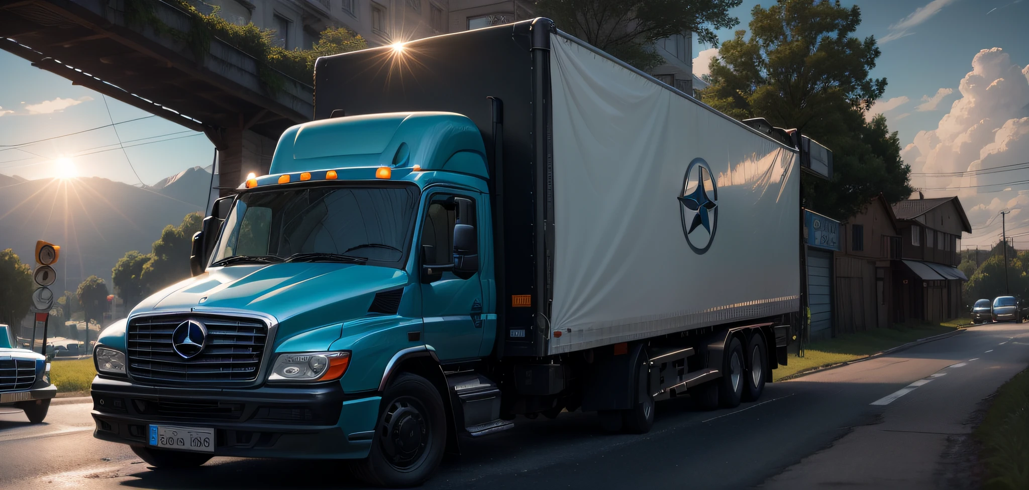 (8k, highest quality, best quality, highly detailed, realistic, cinematic HD) Mercedes 1620 truck with blue cab and black sider on the road --auto --s2
