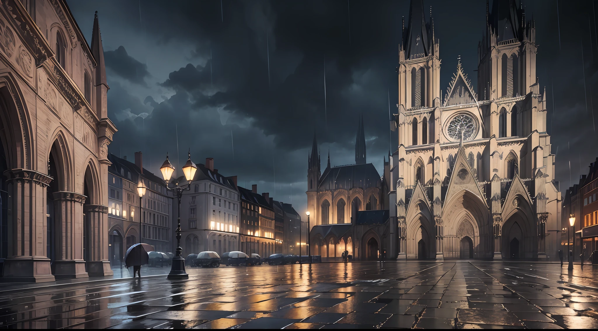 View of a European Gothic cathedral, ((night cityscape)), classical poles, ((night)), ((rain)), wet street, ((Gothic architecture)), realistic, realistic shadows, realistic lighting, Full HD, 8K, photorealistic