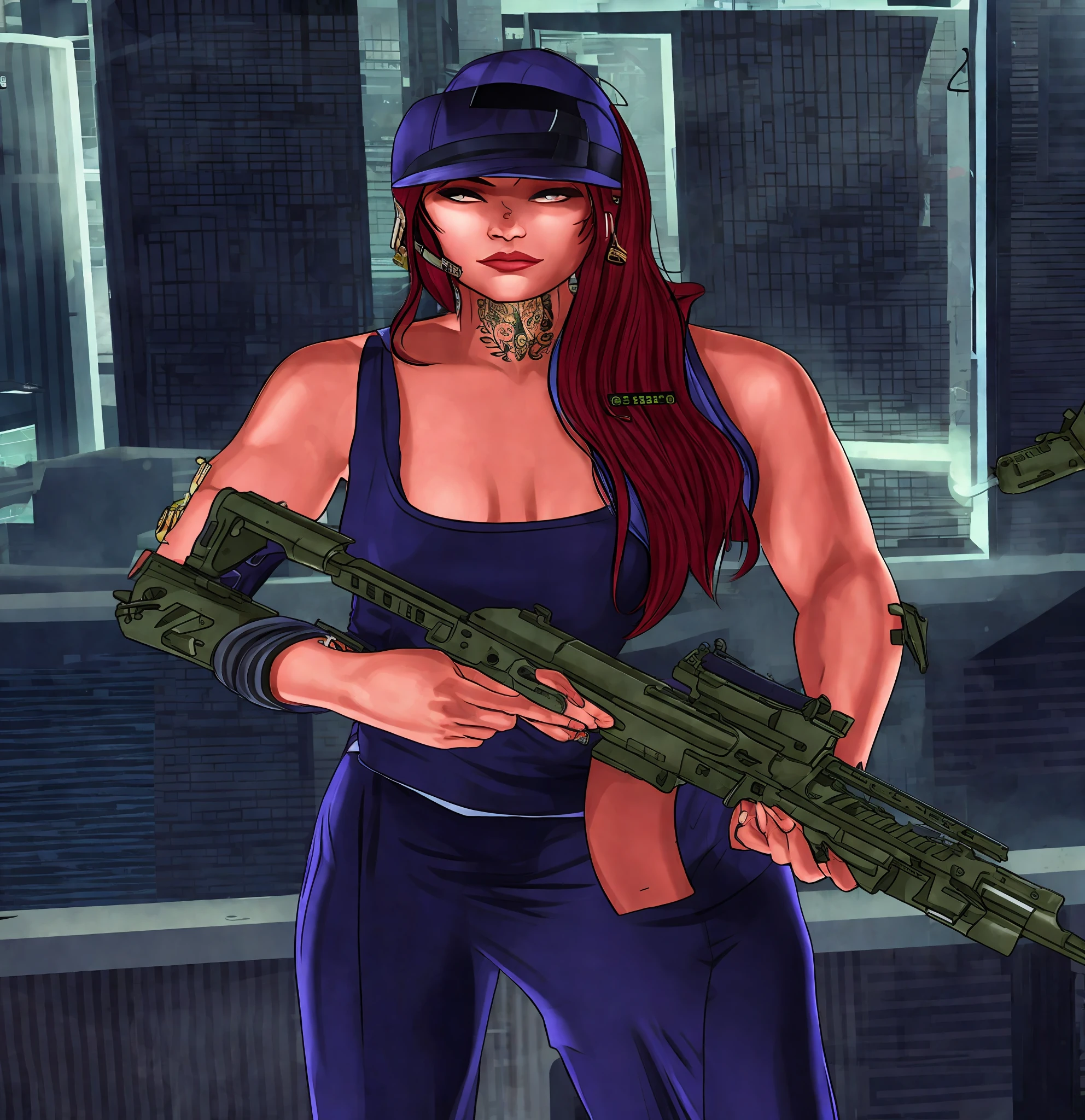 there is a woman holding a gun in a room, GTA style outfit, model girl, GTA street goon, GTA girl, GTA character, with rifle, in a cyberpunk setting,