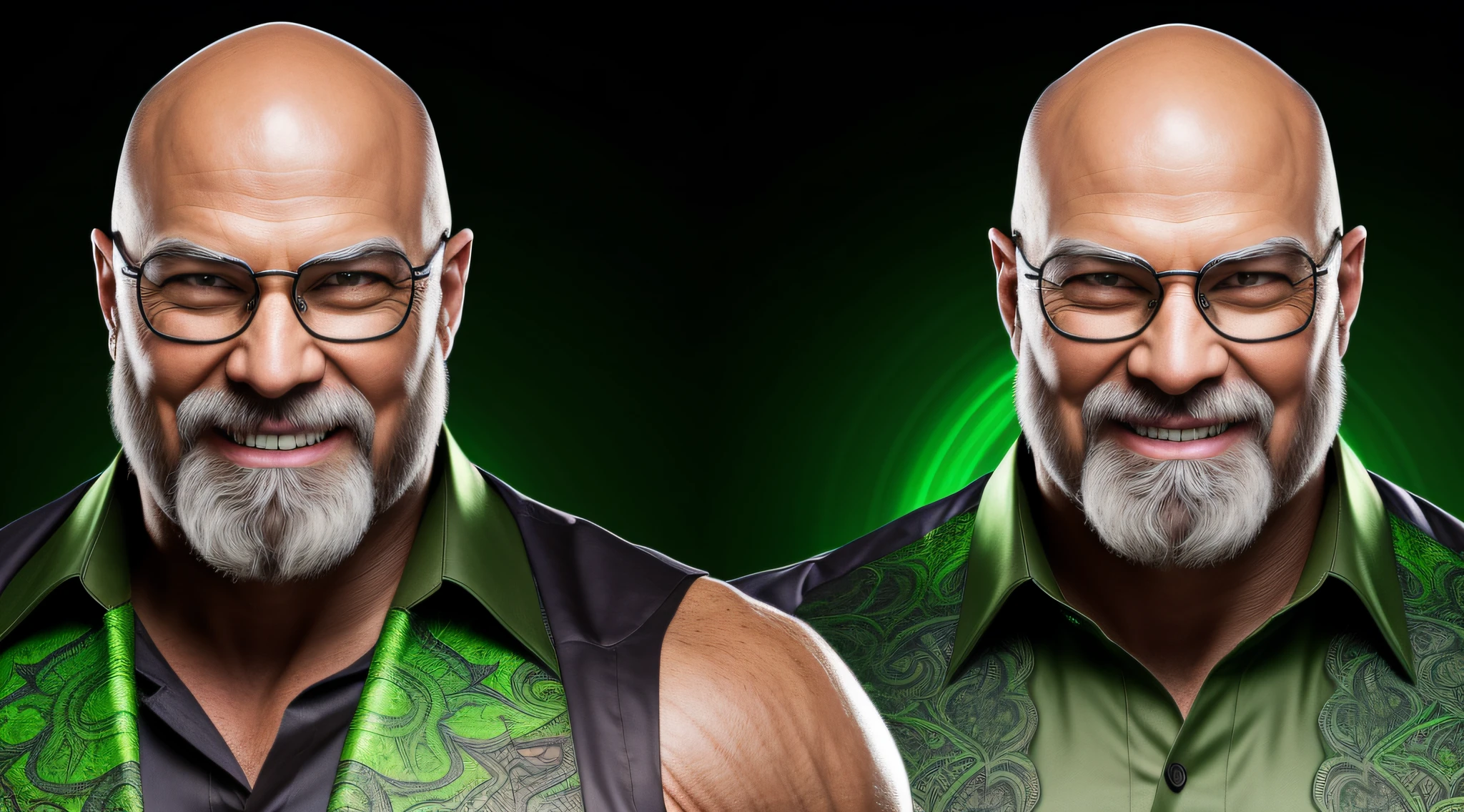A portrait of a smiling, toxic, muscular, God, Elder, (HDR:1.28), bald, wearing prescription glasses and wearing black, hyper-detailed, cinematic dress shirt, warm lights, complex details, hyperrealistic, green background, (soft colors:1.38), (neutral colors:1.2), with dark brown eyes, without many expression marks