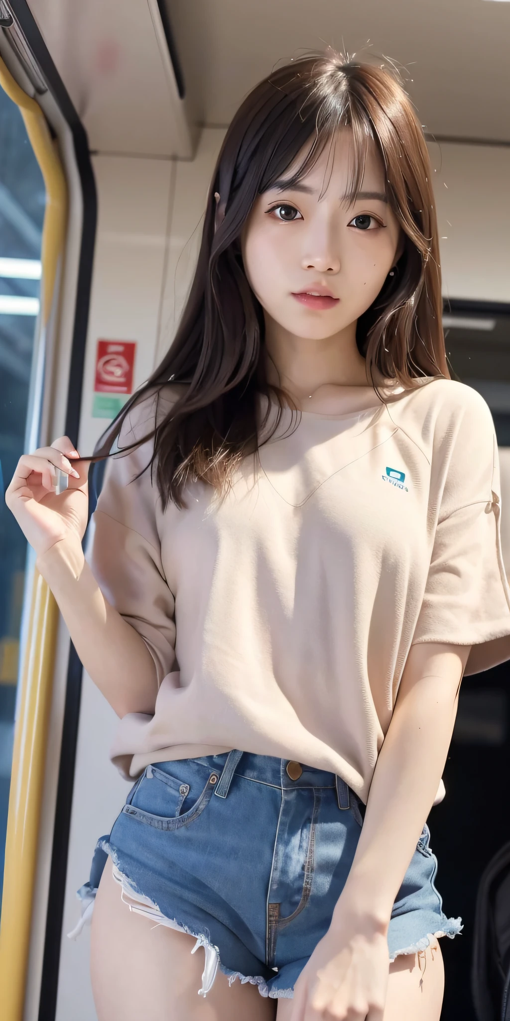 mix4, 20d, Solo, long_hair, Nanase Nishino, Haruka Kaki, Casual, On the Train, (8K, RAW Photography, Best Quality, Masterpiece:1.2), (Realistic, Photorealism:1.37), Professional Lighting, Photon Mapping, Radiosity, Physically Based Rendering