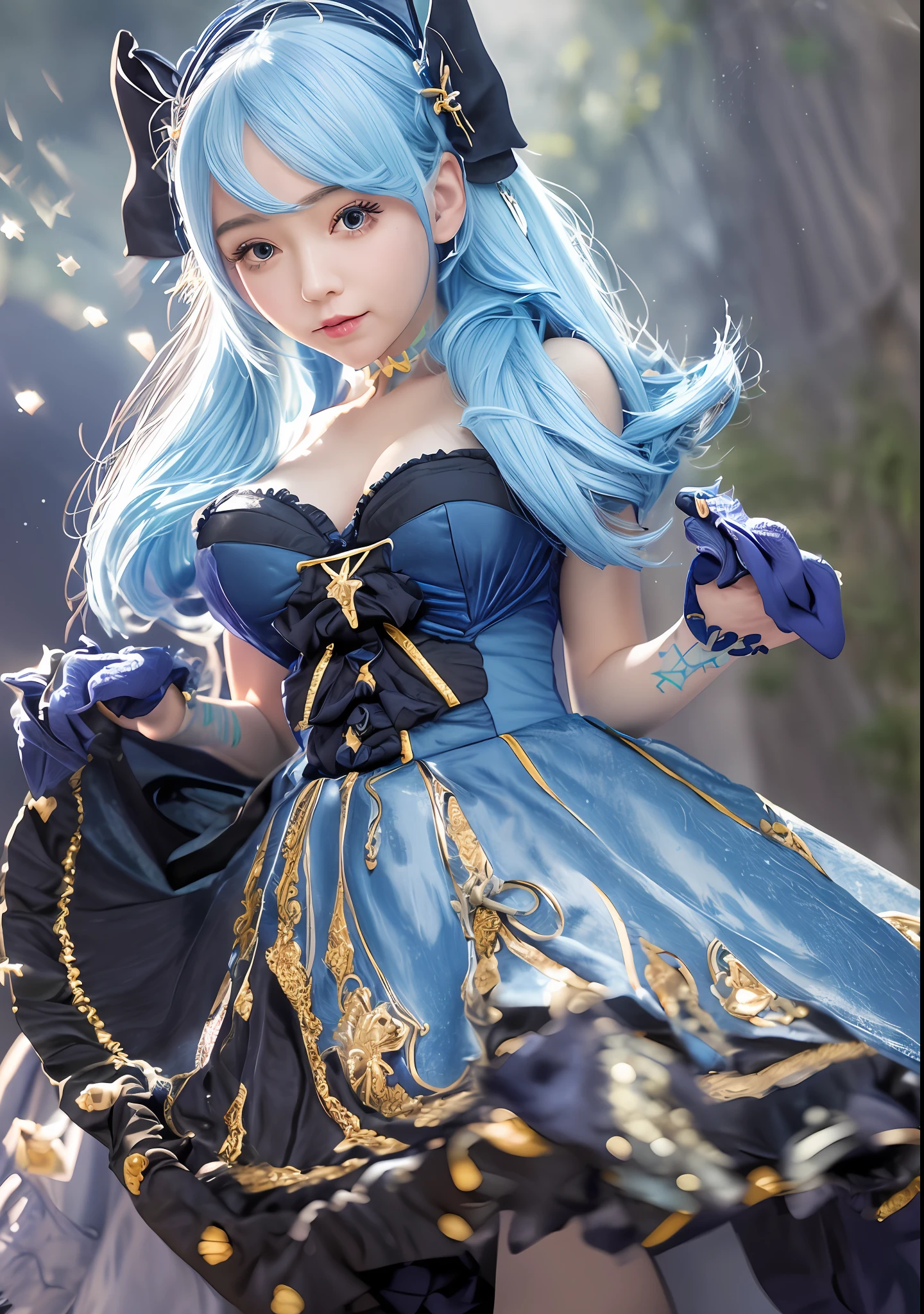 Hyper-realism, realism, HD camera, main colors: blue, upward view, scenery under skirt, candid shot, shy expression, gray leggings under skirt, extremely beautiful, glowing skin, studio lighting, 8k, (Super detailed skin details: 1.3), super detailed eyes, huge lace, gorgeous decoration, Lolita skirt decoration, cute Gwen wearing a blue double-tailed wig, wearing a Victorian style blue and black Lolita dress with a gorgeous tailor-made bow, wearing black thigh-exposed stockings with stitching, her pupils are button-shaped, emitting a blue halo, and her weapon is a huge crystal scissors that emits a light blue light.