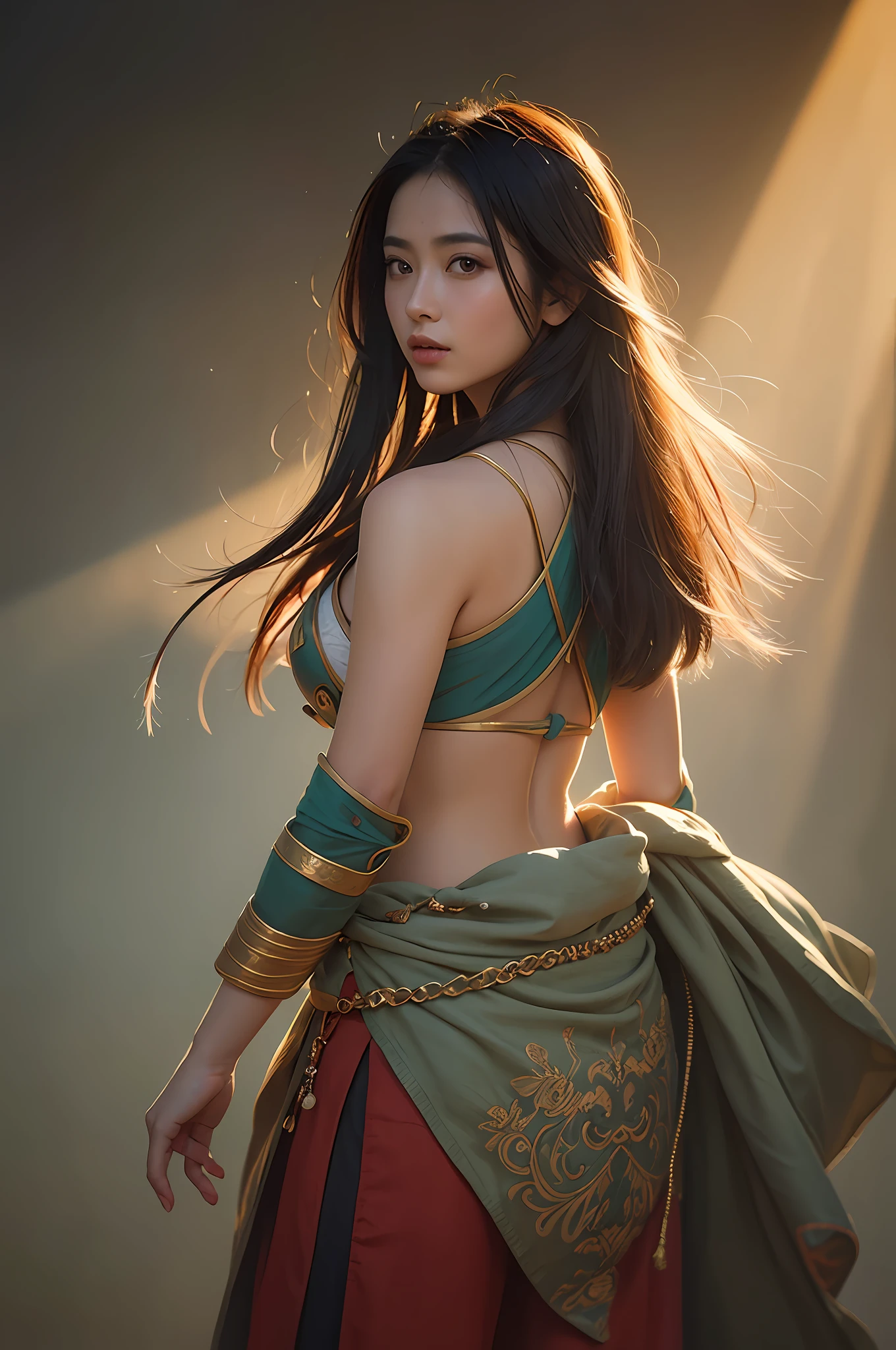 1girl, ancient battle uniform, messy long hair, ji jian, dunhuang style, a lot of smoke, exquisite, elegant colors, (realistic, high detail, masterpiece, super detailed, dynamic angle, mural background, ink, amazing, movie lighting, illustration, chiaroscuro, backlight, god light, holland, best quality, best quality --auto --s2