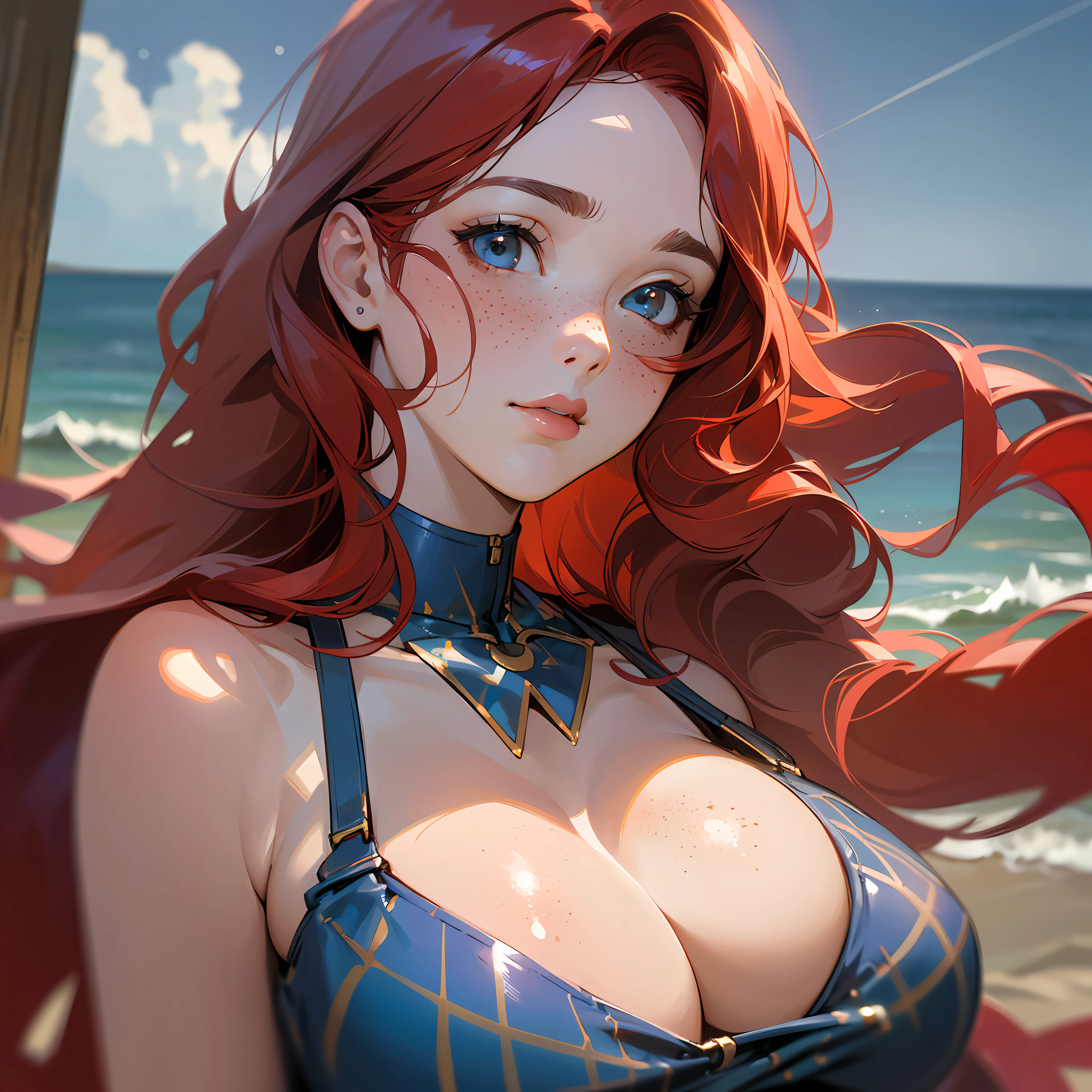 [:(detailed face:1.2):0.2], raw photo, (masterpiece), (best quality), high resolution, (realistic, photorealistic:1.2), ultra detailed, rendering with physical base, 1girl, freckles, large breasts, neckline, upper body, air bangs, starry night, long hair, ((red hair)), wavy hair, bare shoulders, swimsuit, seaside, lots of sun --auto --s2